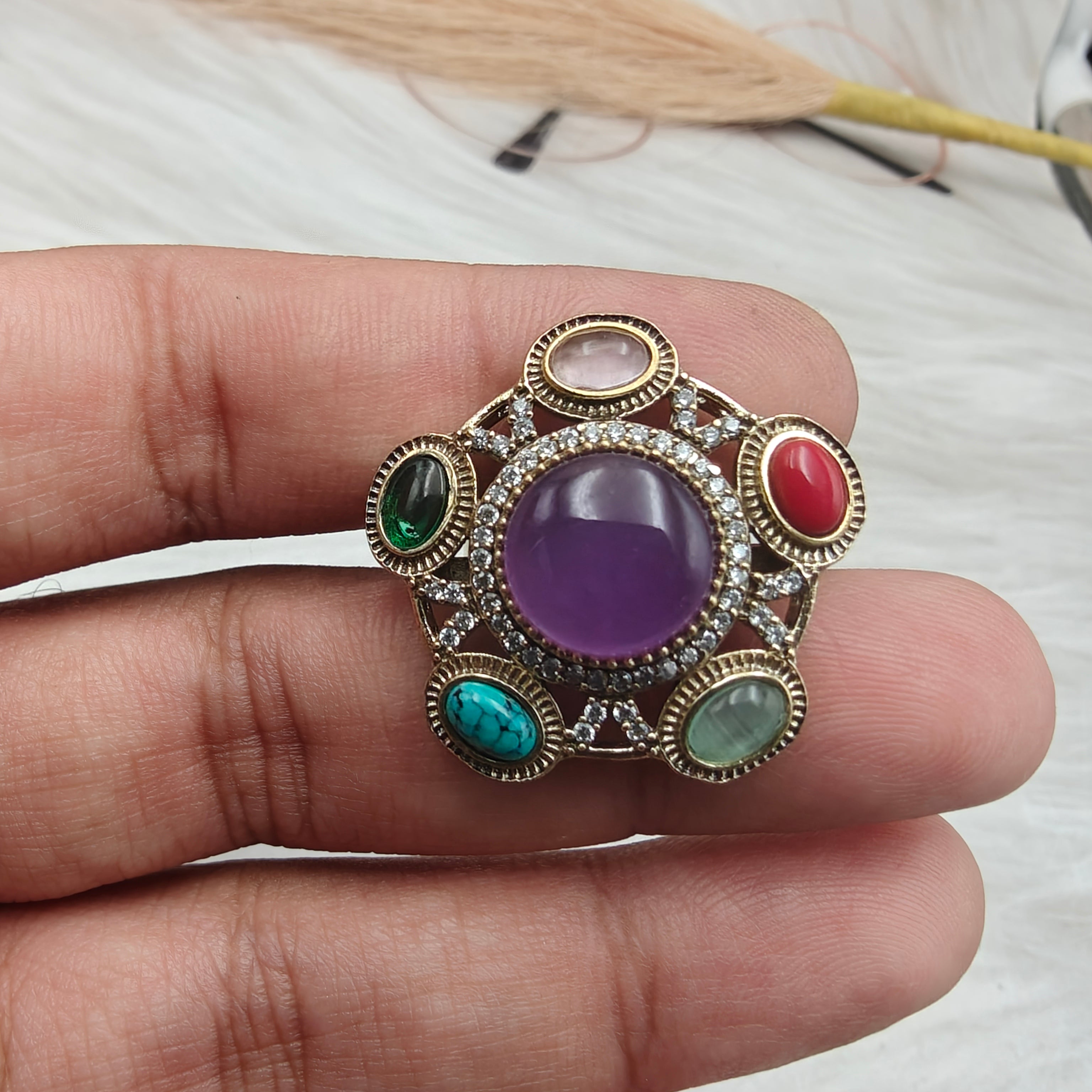 Nazni Inspired Multi Stone Adjustable Ring- Purple Multi