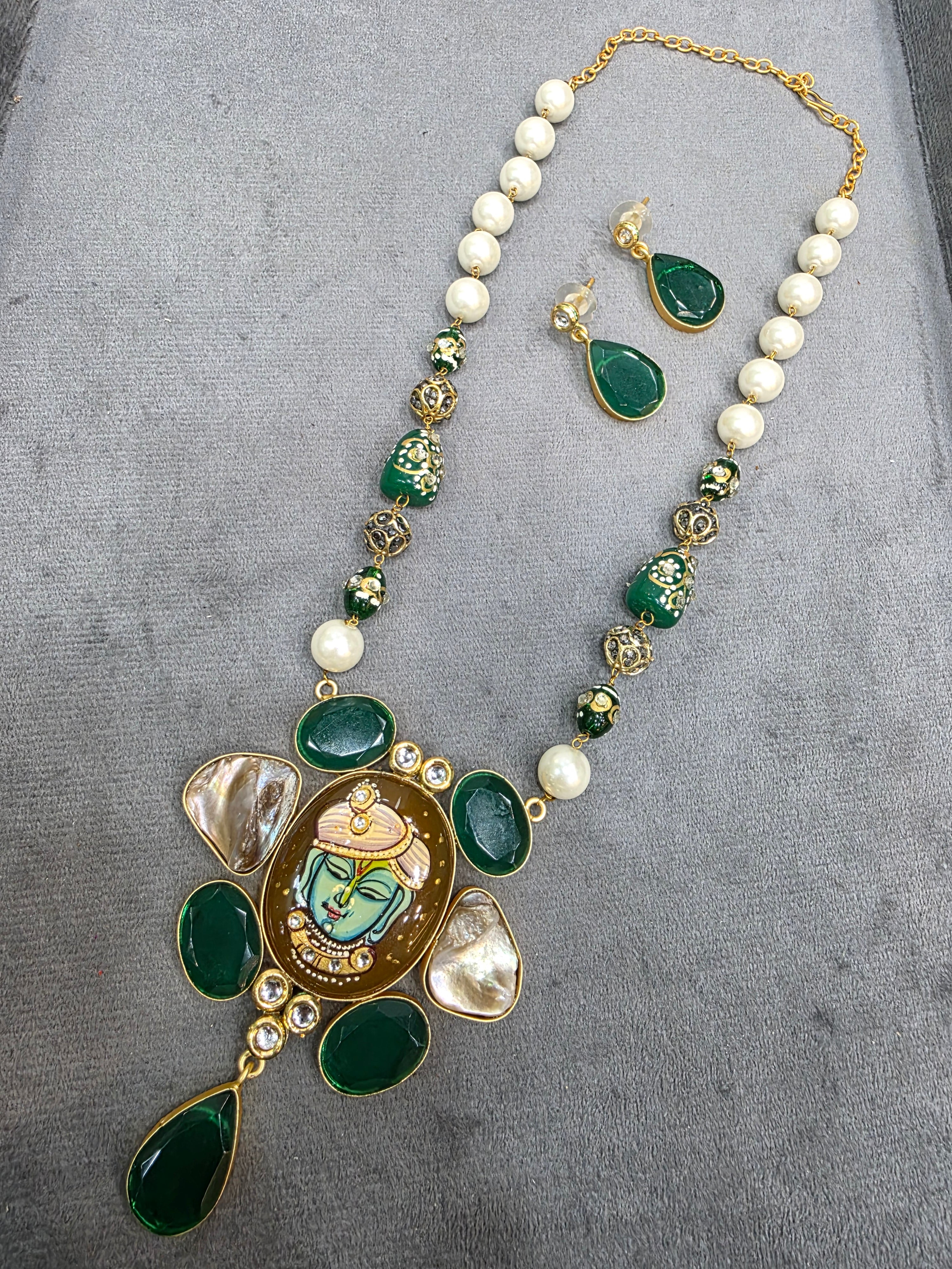 Shree Nath Ji Tanjore Monalisa Necklace Set- Green