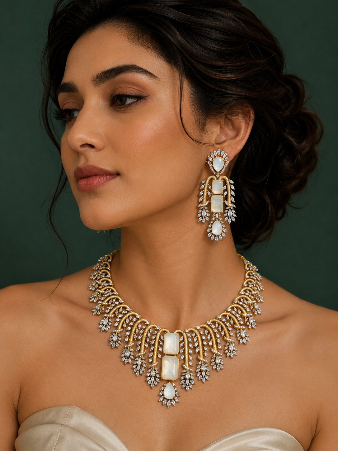 Adah Doublet Gold Plated Statement Necklace Set- White MOP