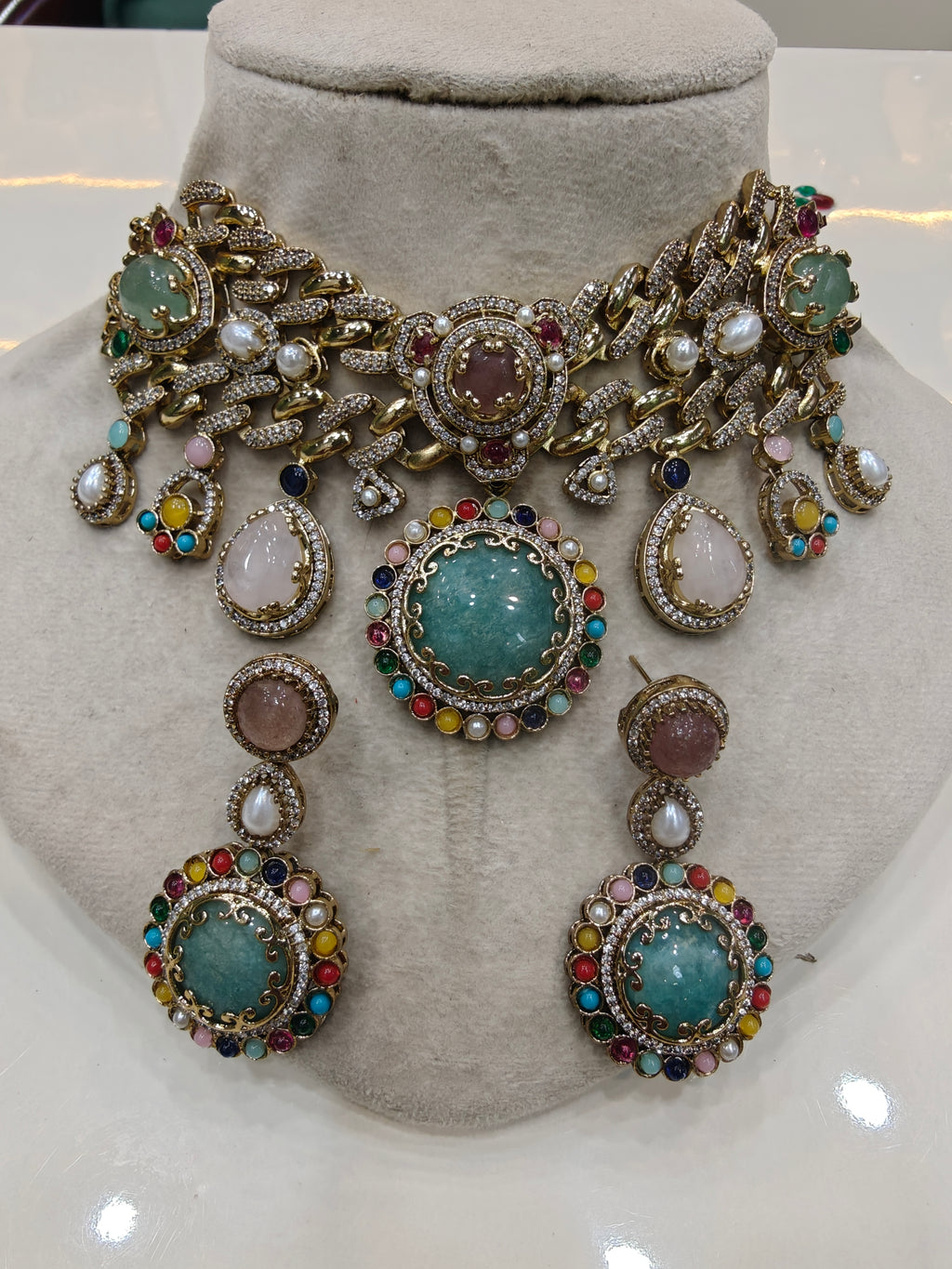 Elixir Sabyasachi inspired Gemstone Statement Choker Necklace Set
