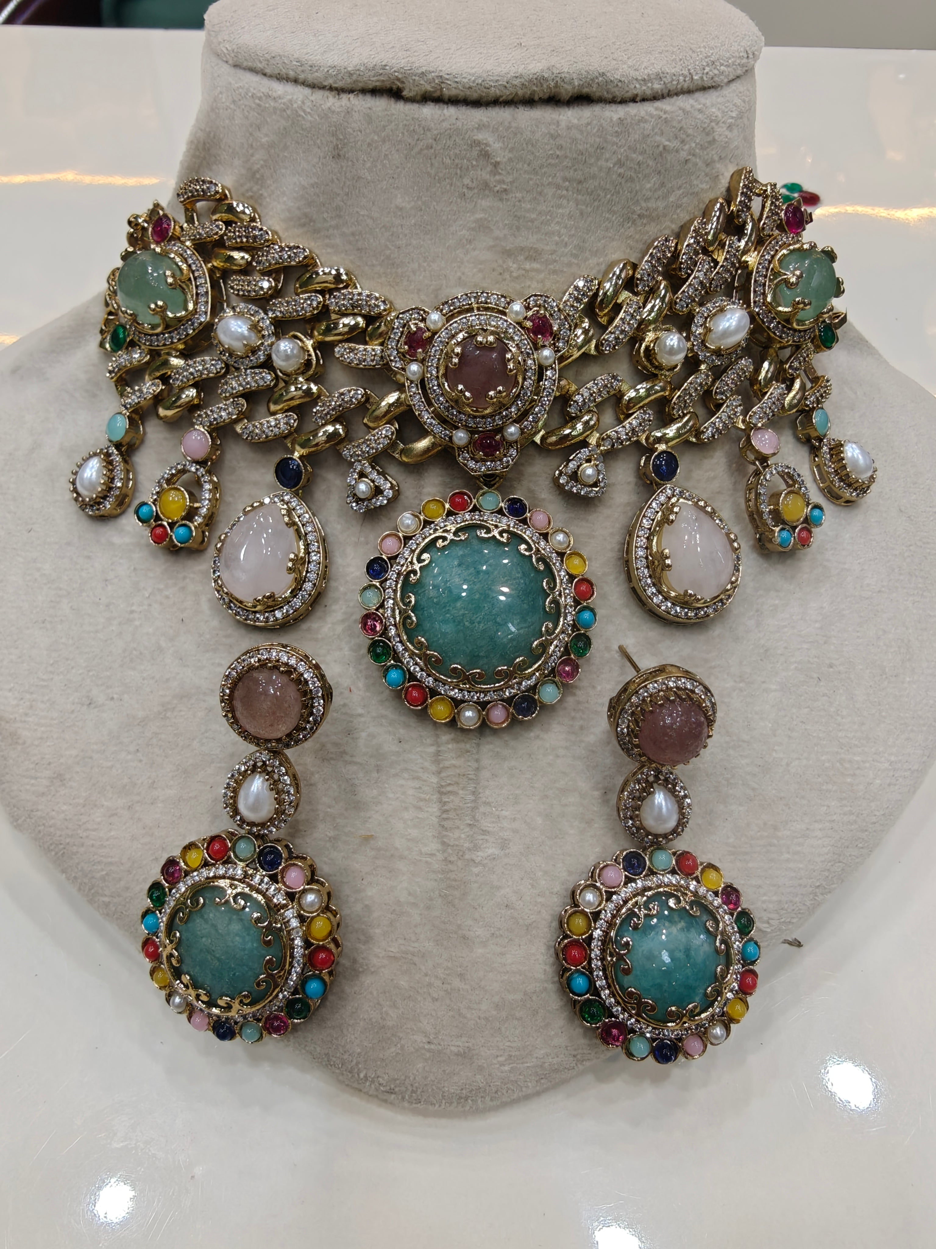 Elixir Sabyasachi inspired Gemstone Statement Choker Necklace Set