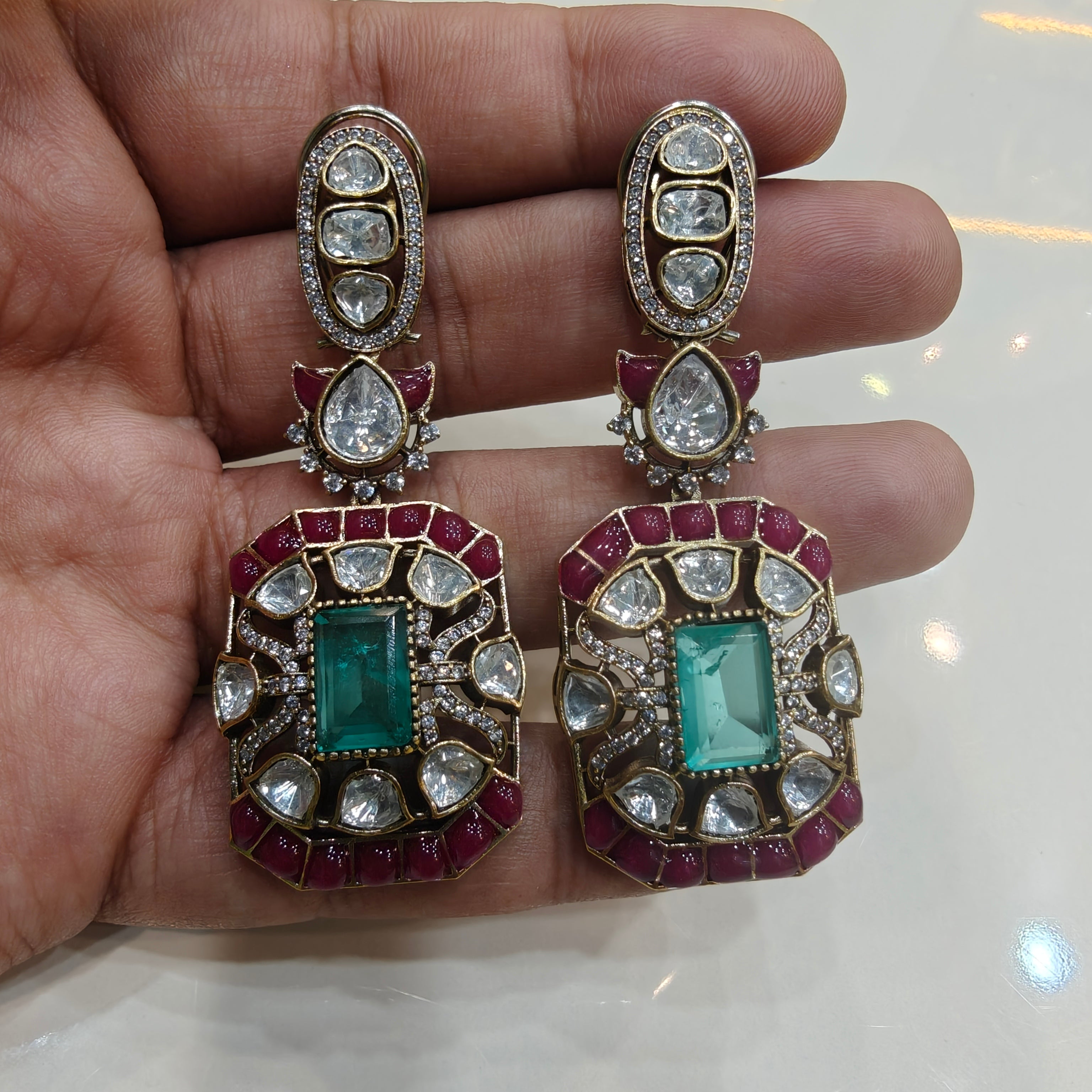 Sunakshi Doublet and Epoxy Earrings- Ruby and Sea Green