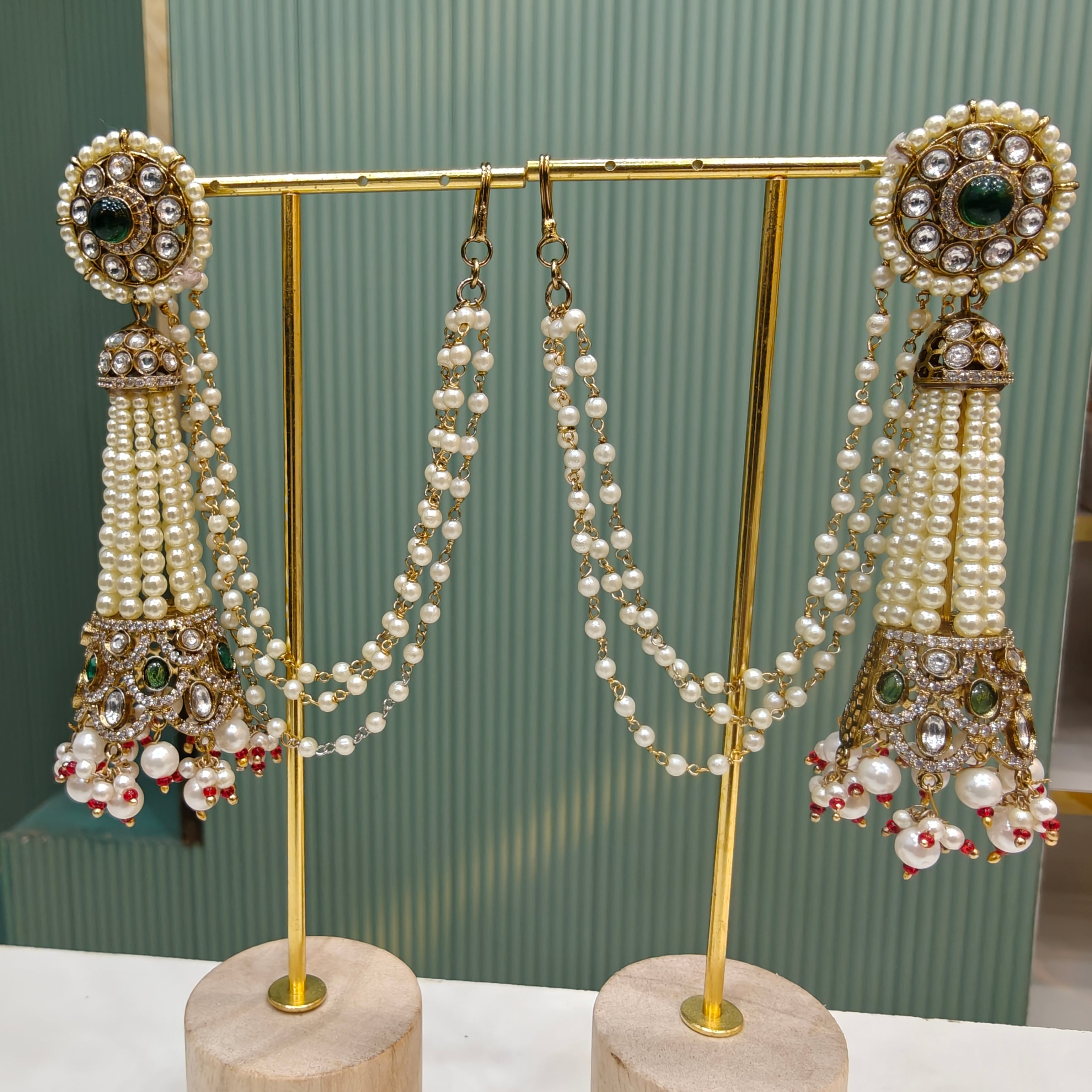 Kartika Pearl and Moissanite Jhumki with Earchain- Green