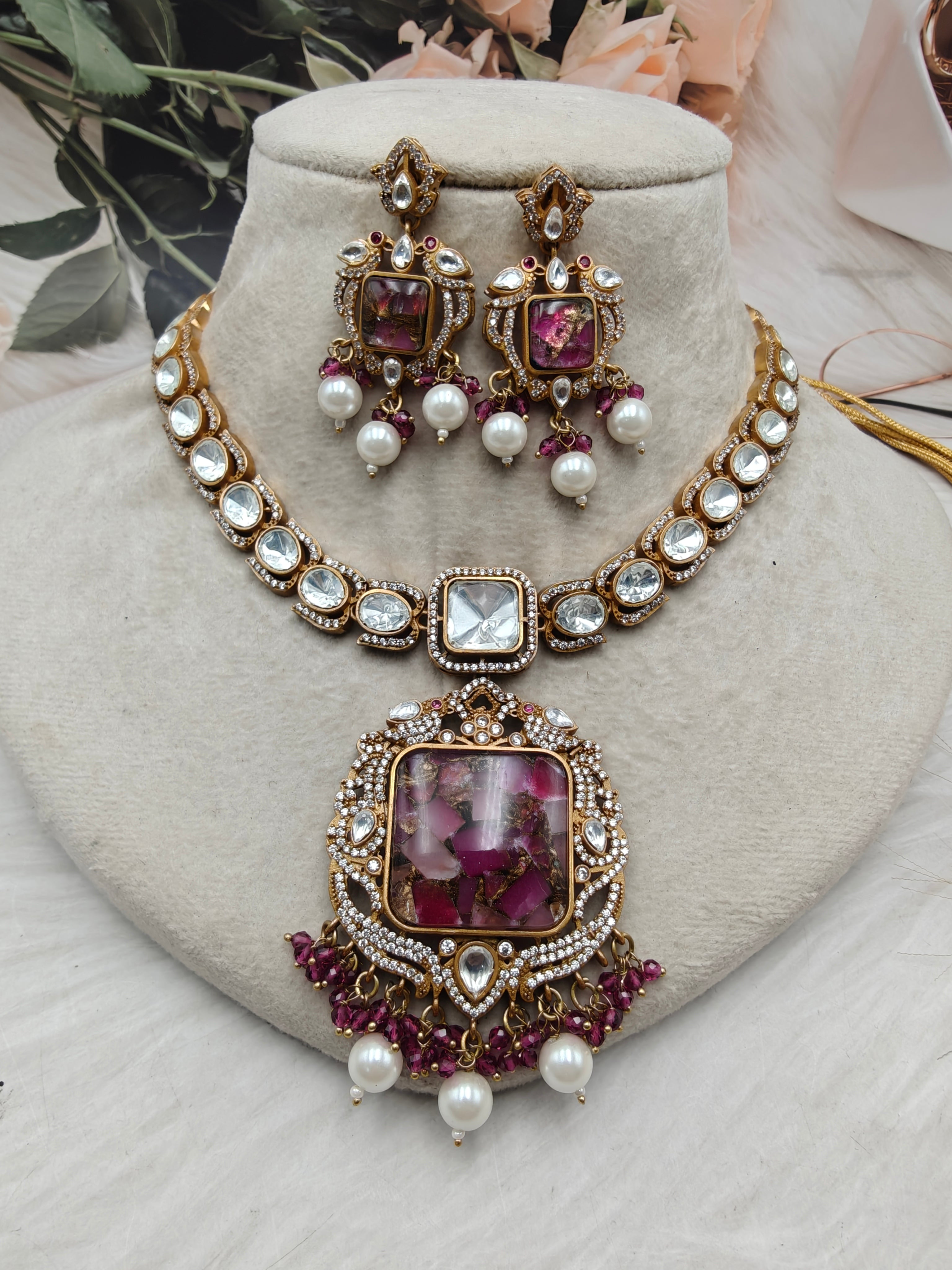 Sharmeen Tourmaline Doublet Uncut Polki Necklace Set- Ruby