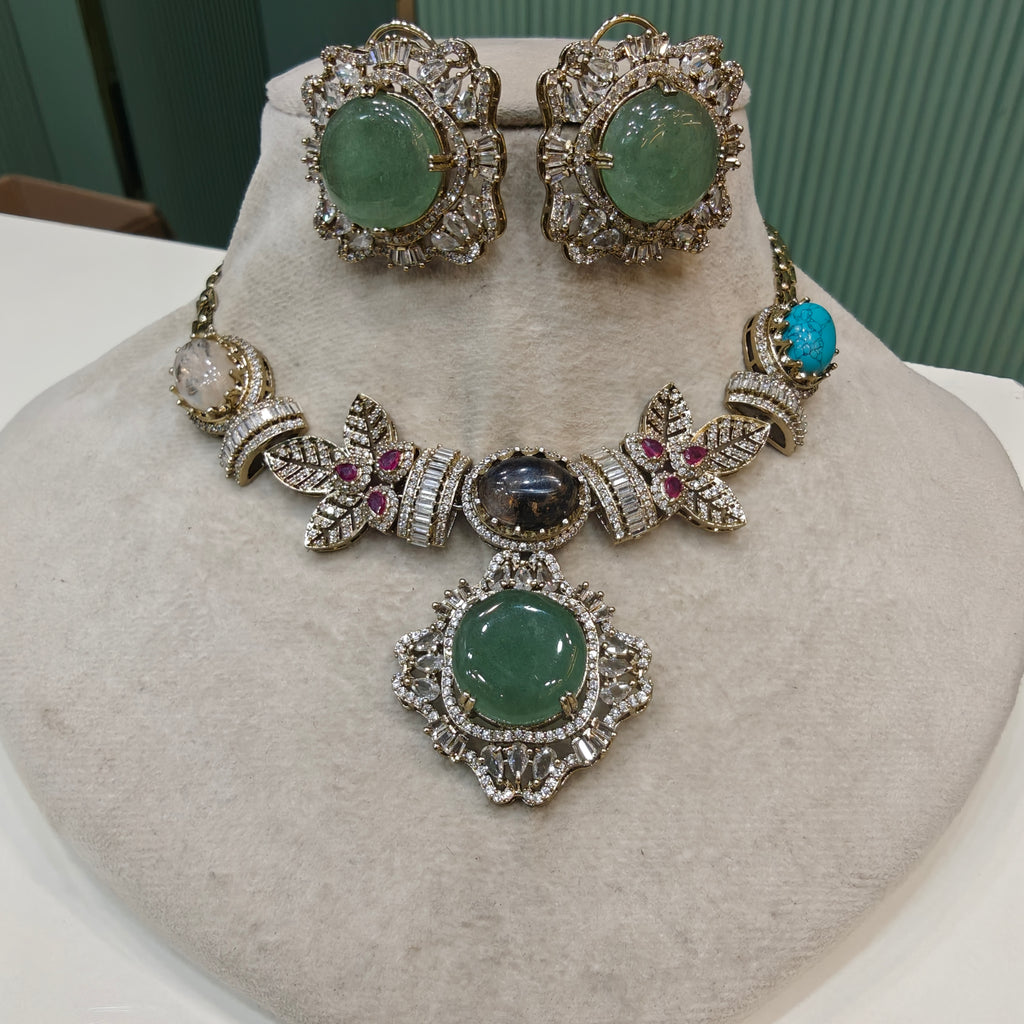Noorvani Gemstone Sabya inspired Choker Necklace Set- Green Multi