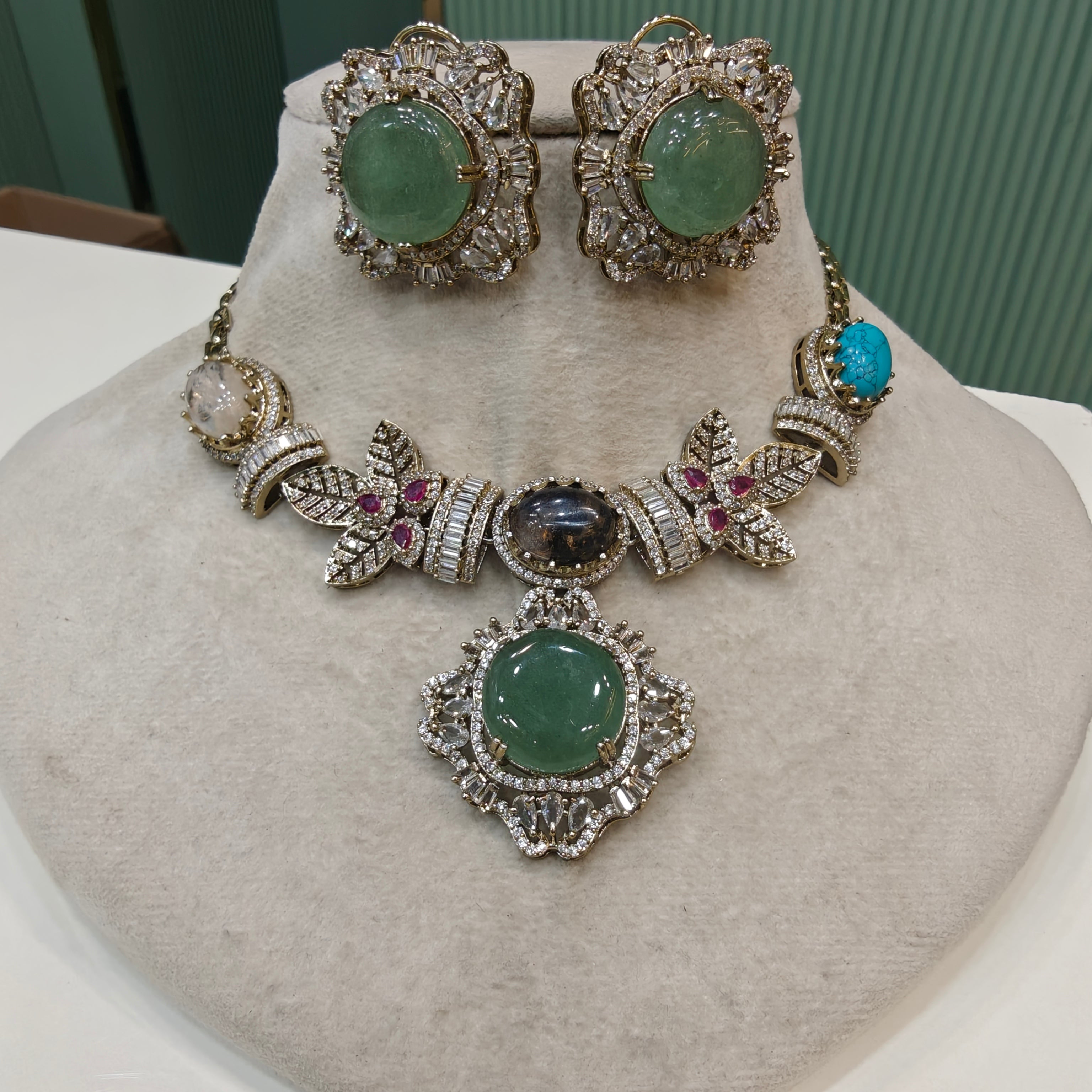 Noorvani Gemstone Sabya inspired Choker Necklace Set- Green Multi