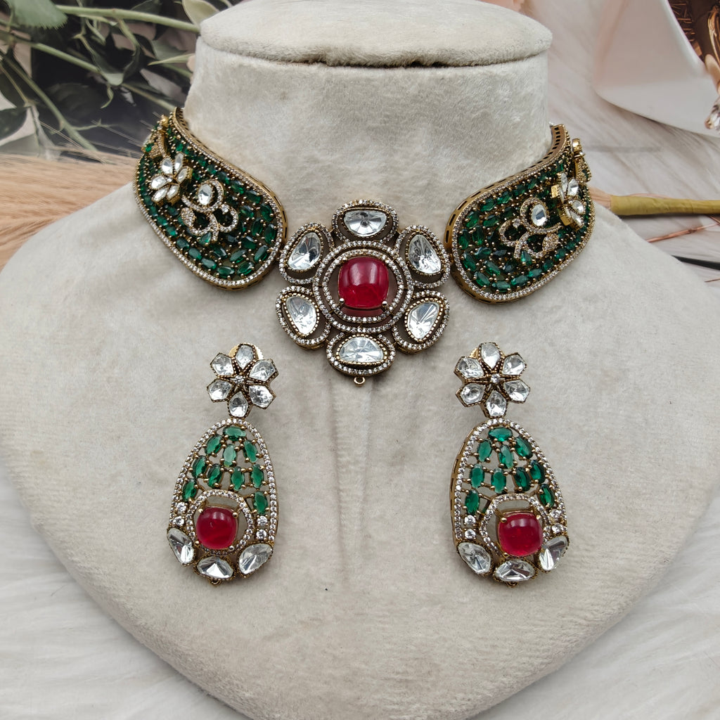 Kajri Moissanite Doublet Designer Hasli Set - Green n Red