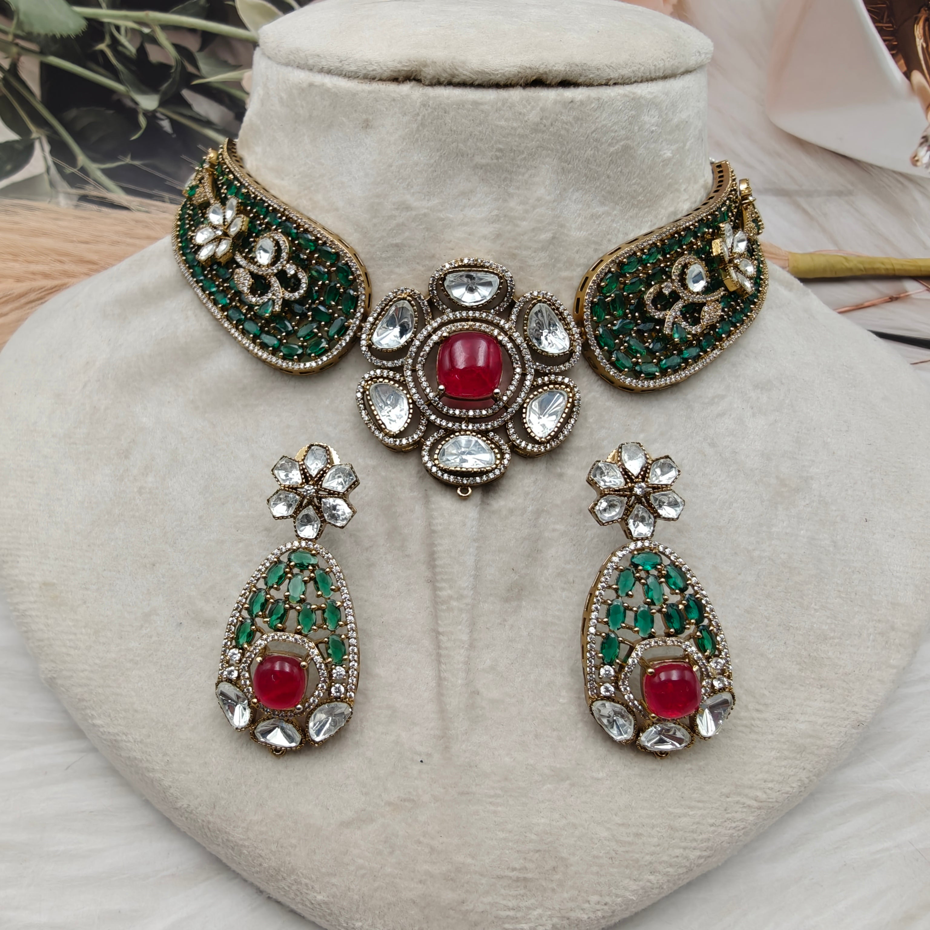 Kajri Moissanite Doublet Designer Hasli Set - Green n Red