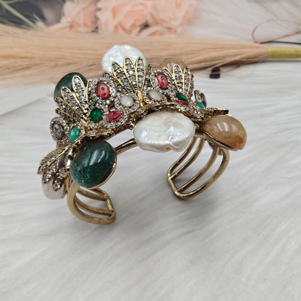 Elizabeth Gemstone and Baroque Luxe Statement Bracelet- Green and Gold