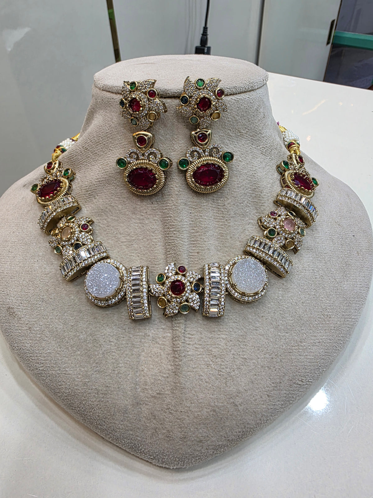 Svarag Sabyasachi Inspired Druzy Stone Choker Necklace Set- White and Red