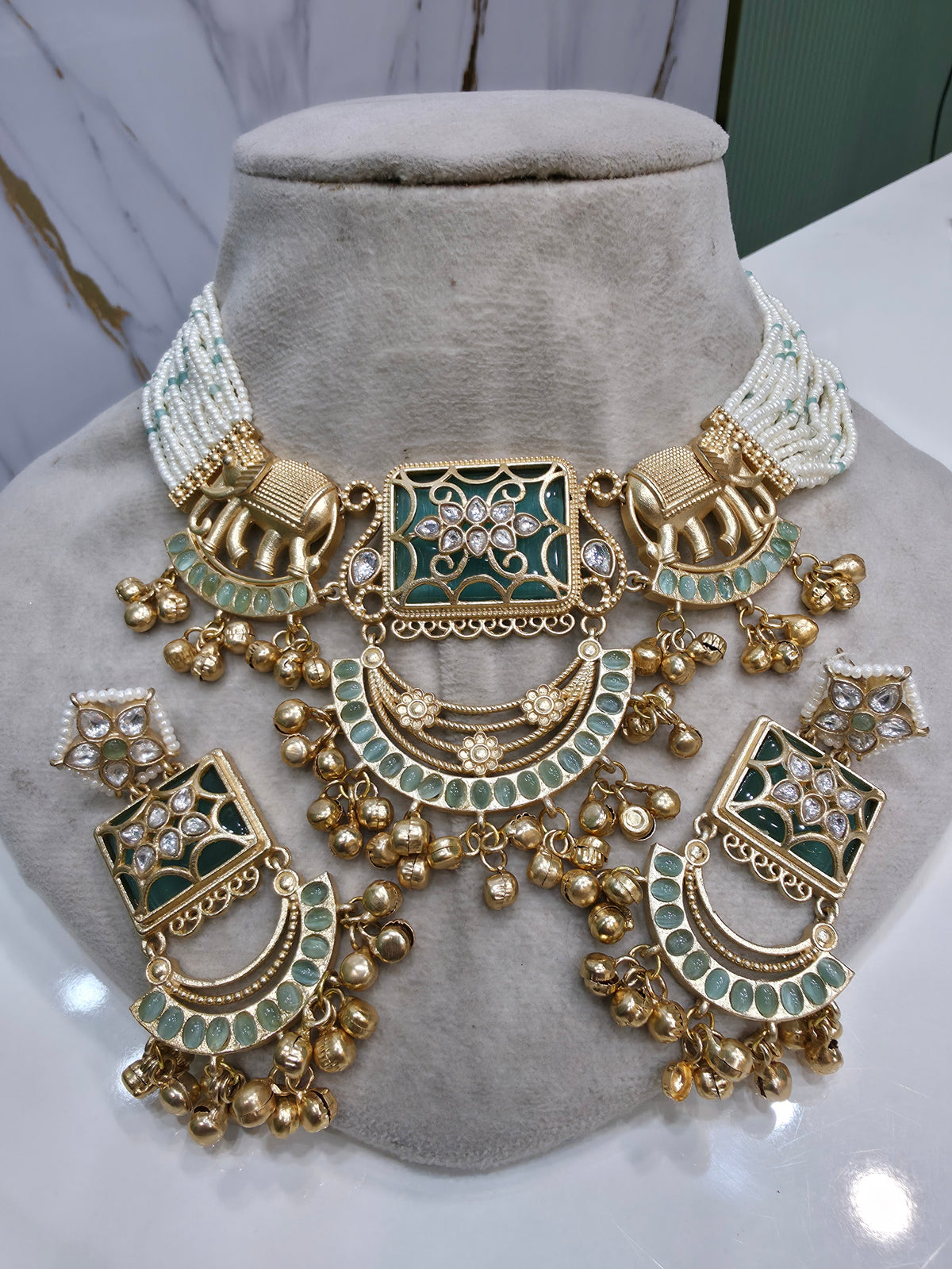 Ayesha Gajja Matte Gold Handcrafted Brass Choker Necklace Set- Sea Green