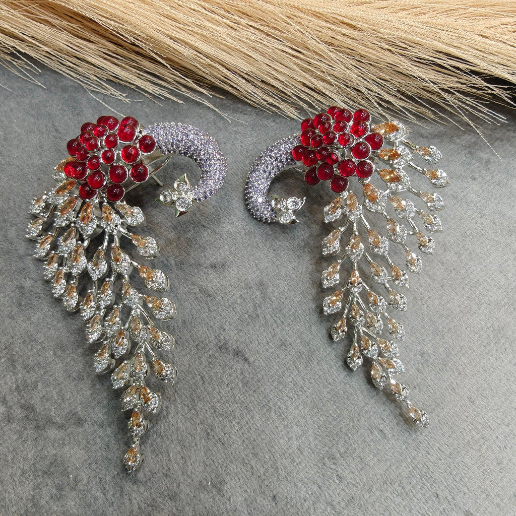 Vantara Peacock Statement Silver Plated Earrings- Ruby Coral