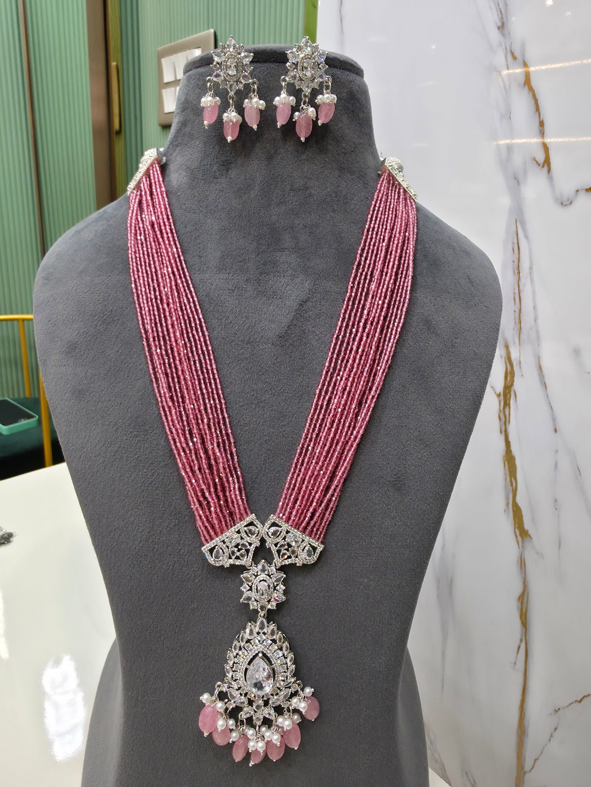 Sonika Hydro Silver Finish long Necklace - Rose Pink