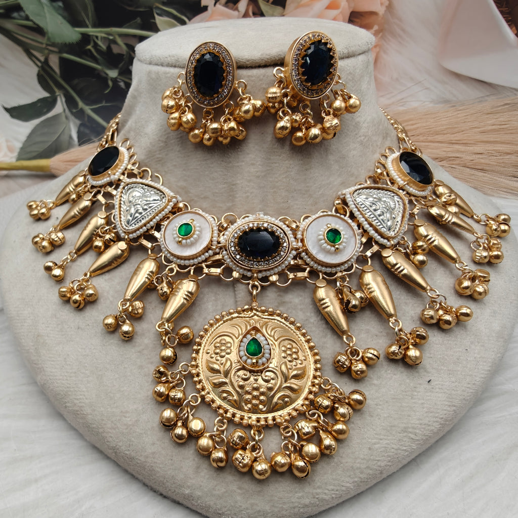 Handcrafted Brass Fusion Fidaya Necklace Set- Blue