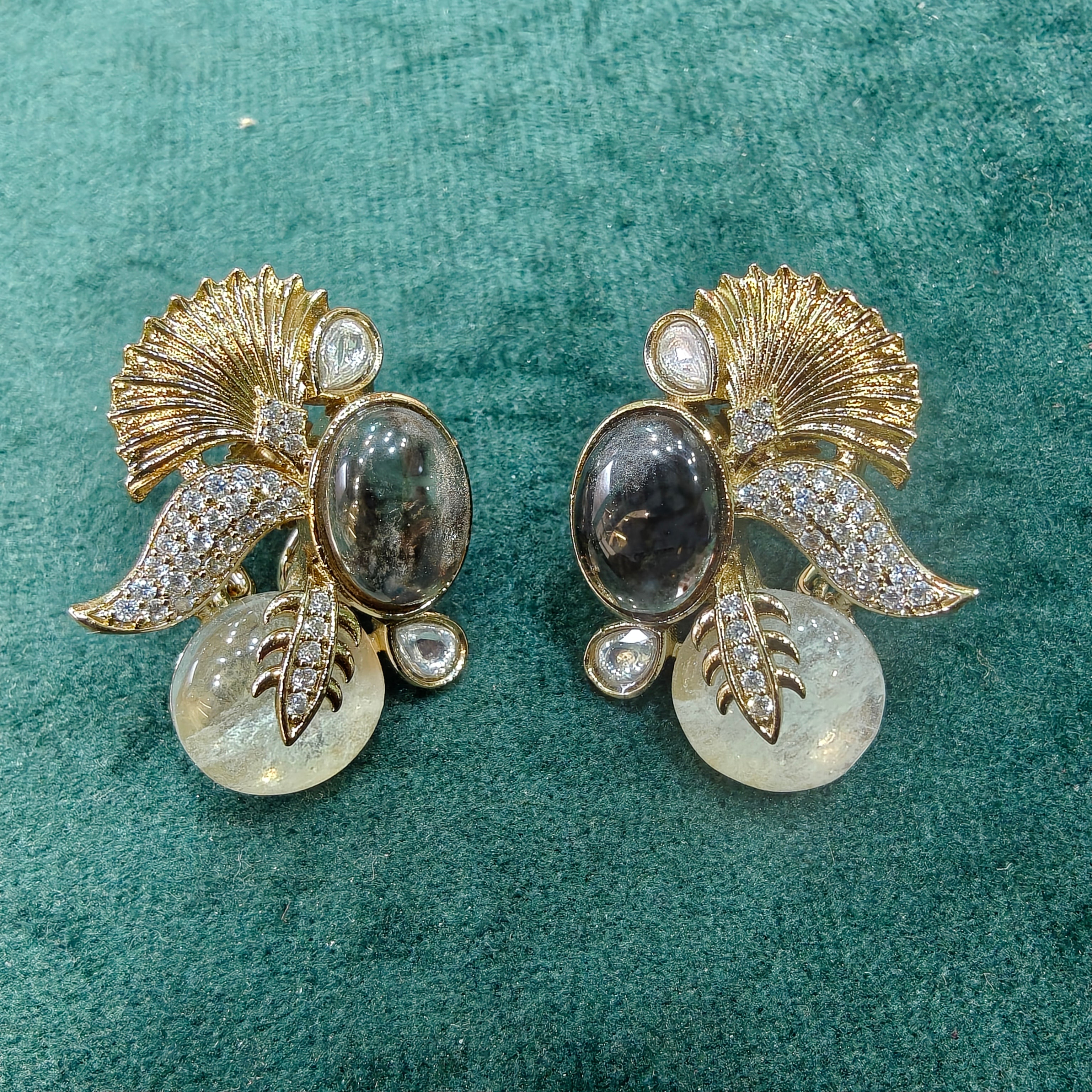 Saanjh Gemstone Sabya Inspired Studs- White and Brownish black