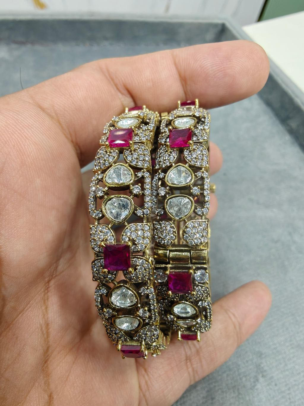 Jasvika Polki Victorian Openable Bangles- Ruby