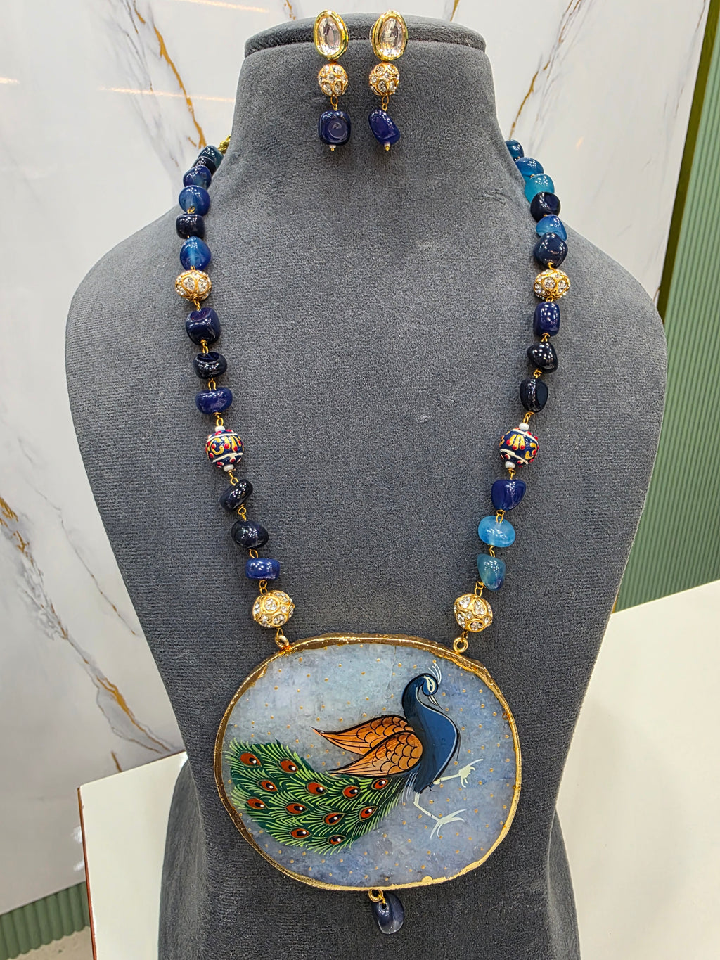 Peacock Tanjore Natural Stone Necklace Set - Peacock Blue