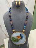 Peacock Tanjore Natural Stone Necklace Set - Peacock Blue