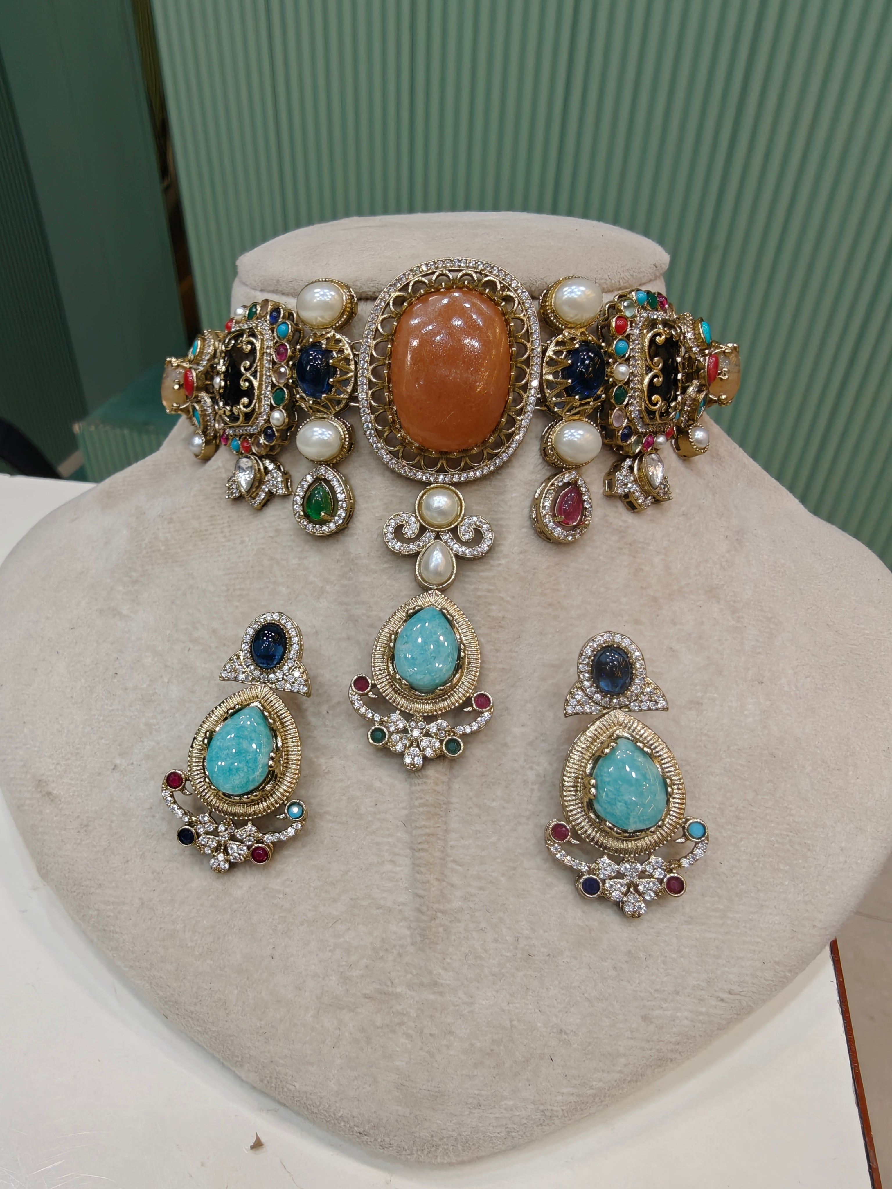 Swapna Sabya inspired Gemstone Choker Set- Rust Multi
