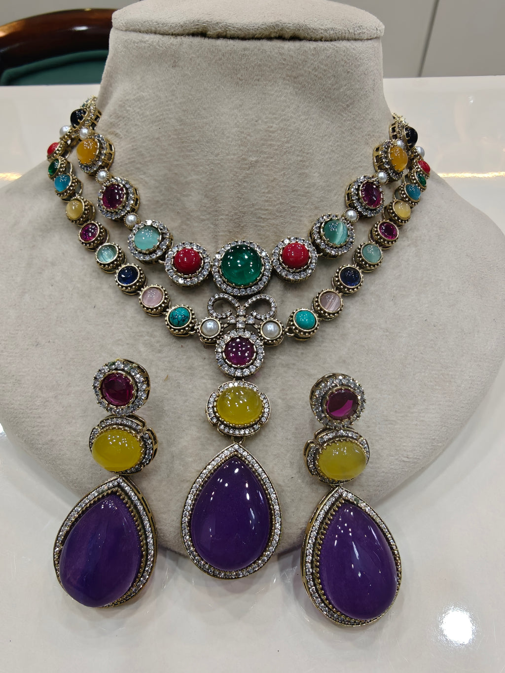 Ankahee Sabya inspired Quartz Doublet Navratan Necklace Set- Purple Multi