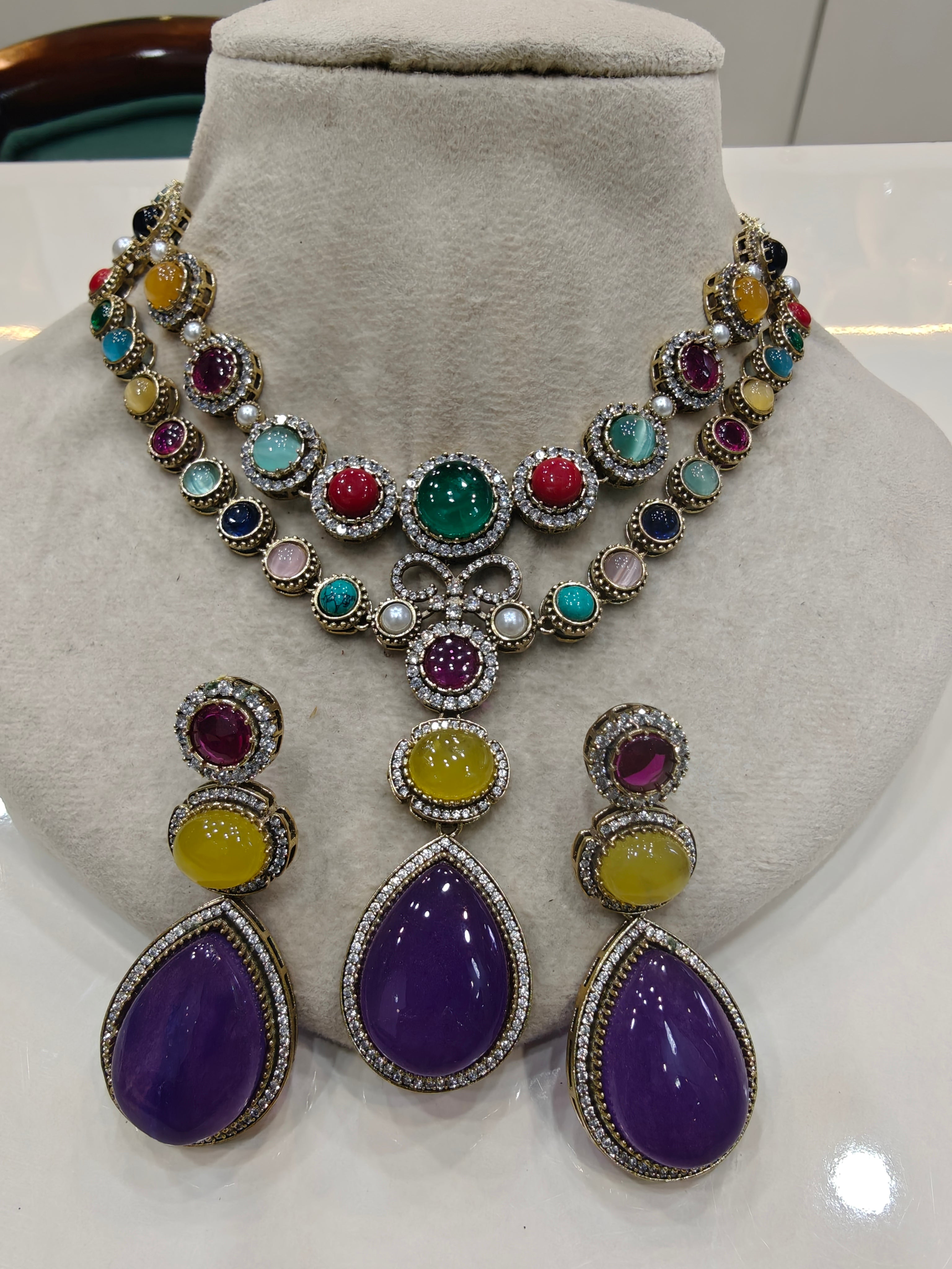 Ankahee Sabya inspired Quartz Doublet Navratan Necklace Set- Purple Multi