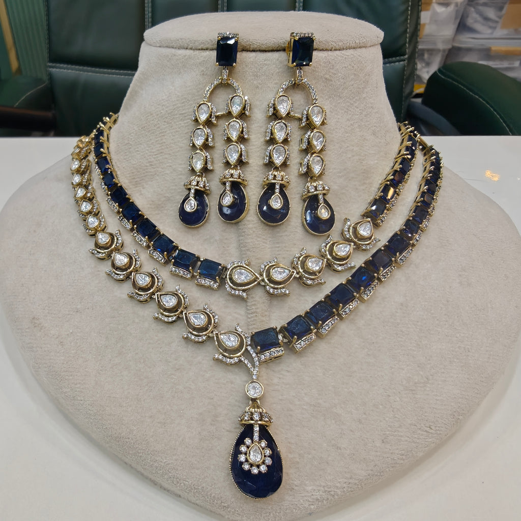 Mehrusa Polki AD Double Layer Necklace Set- Blue
