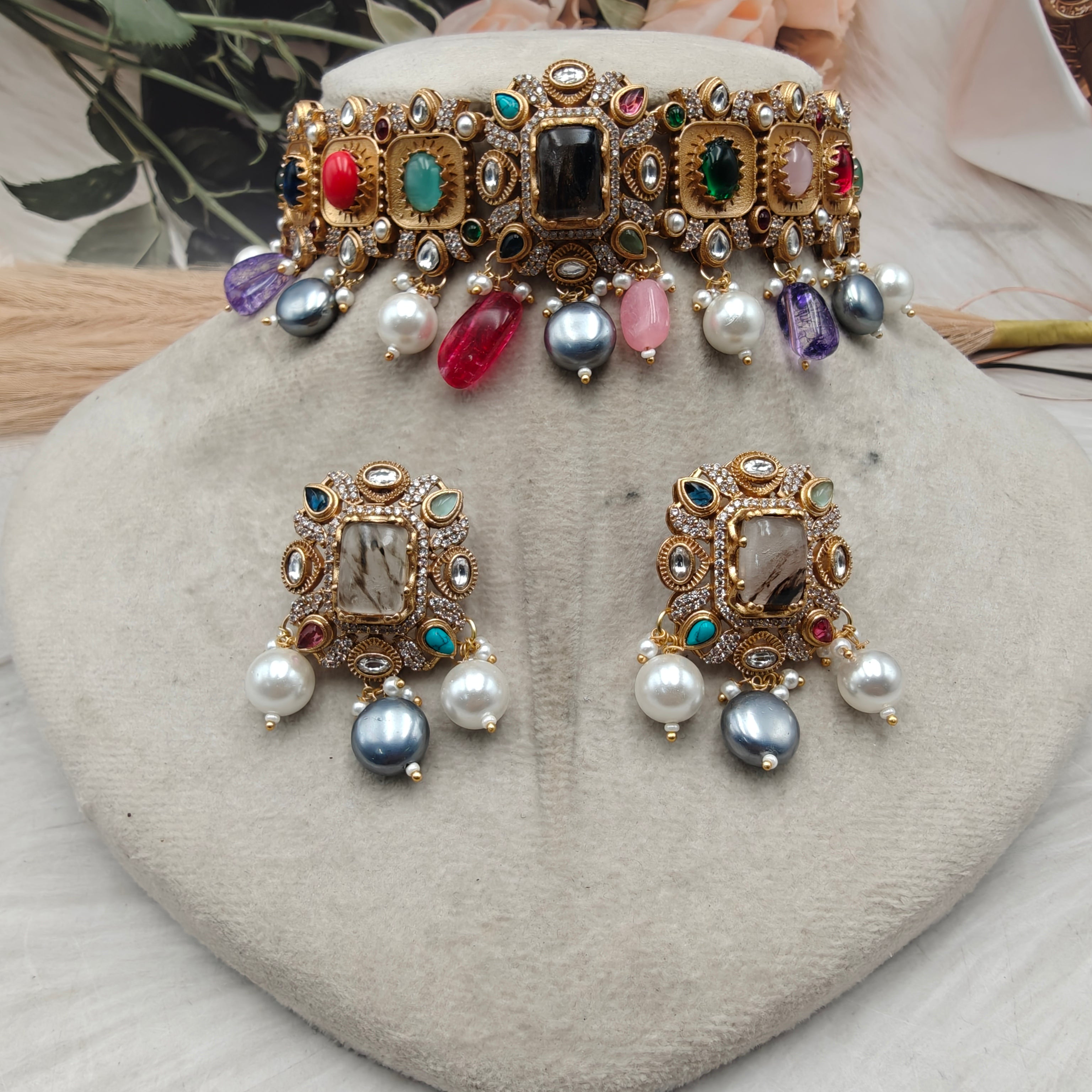 Shubhavi Navratan Natural Stone Choker Set- Brown Multi
