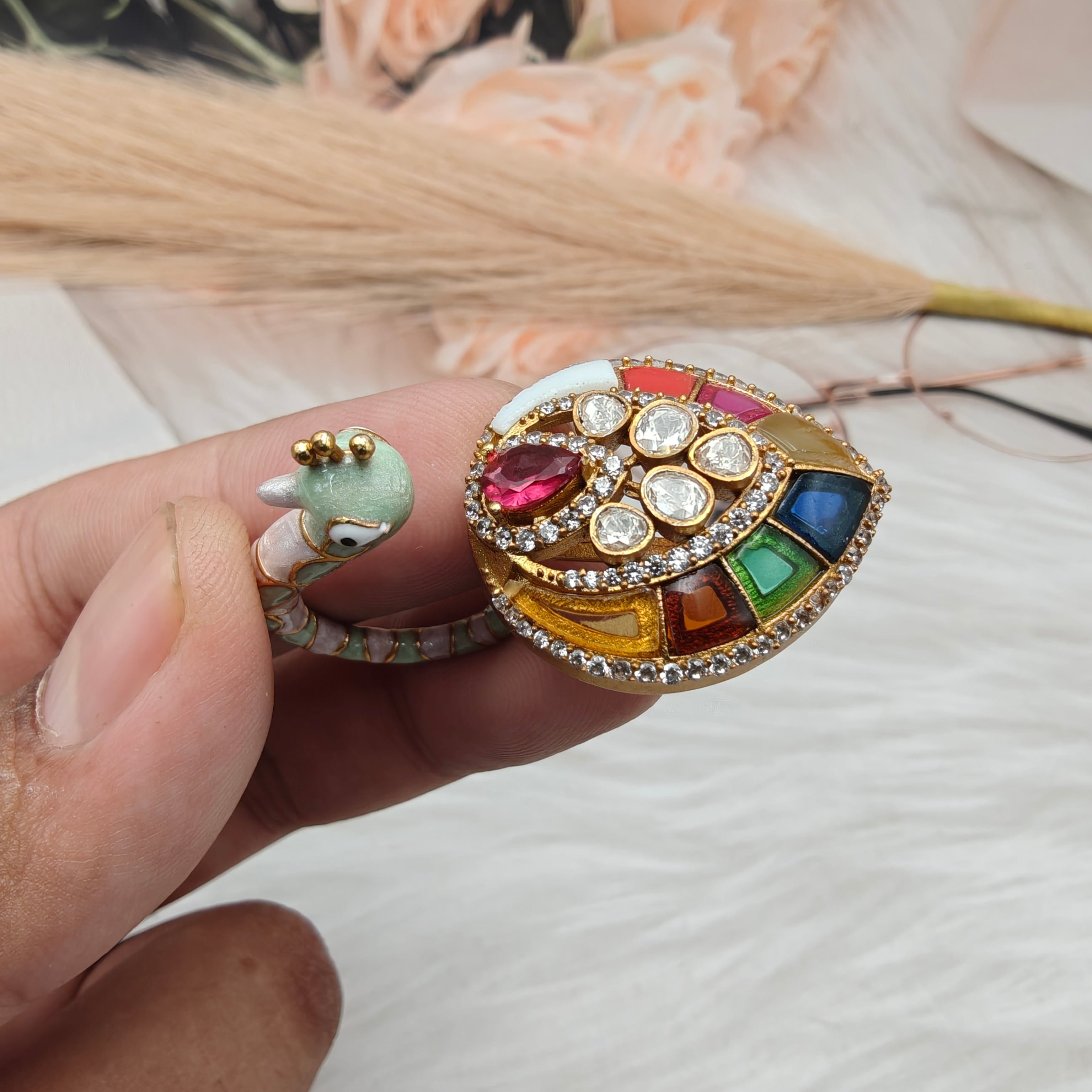 Morni Moissanite Italian Enamel Statement Ring-Mint Pink- Multi