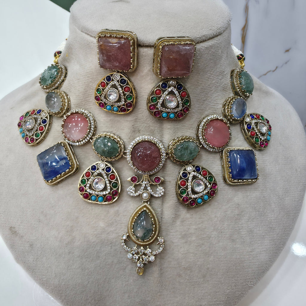 Juhi Sabya Inspired Natural Stone Necklace Set- Multi