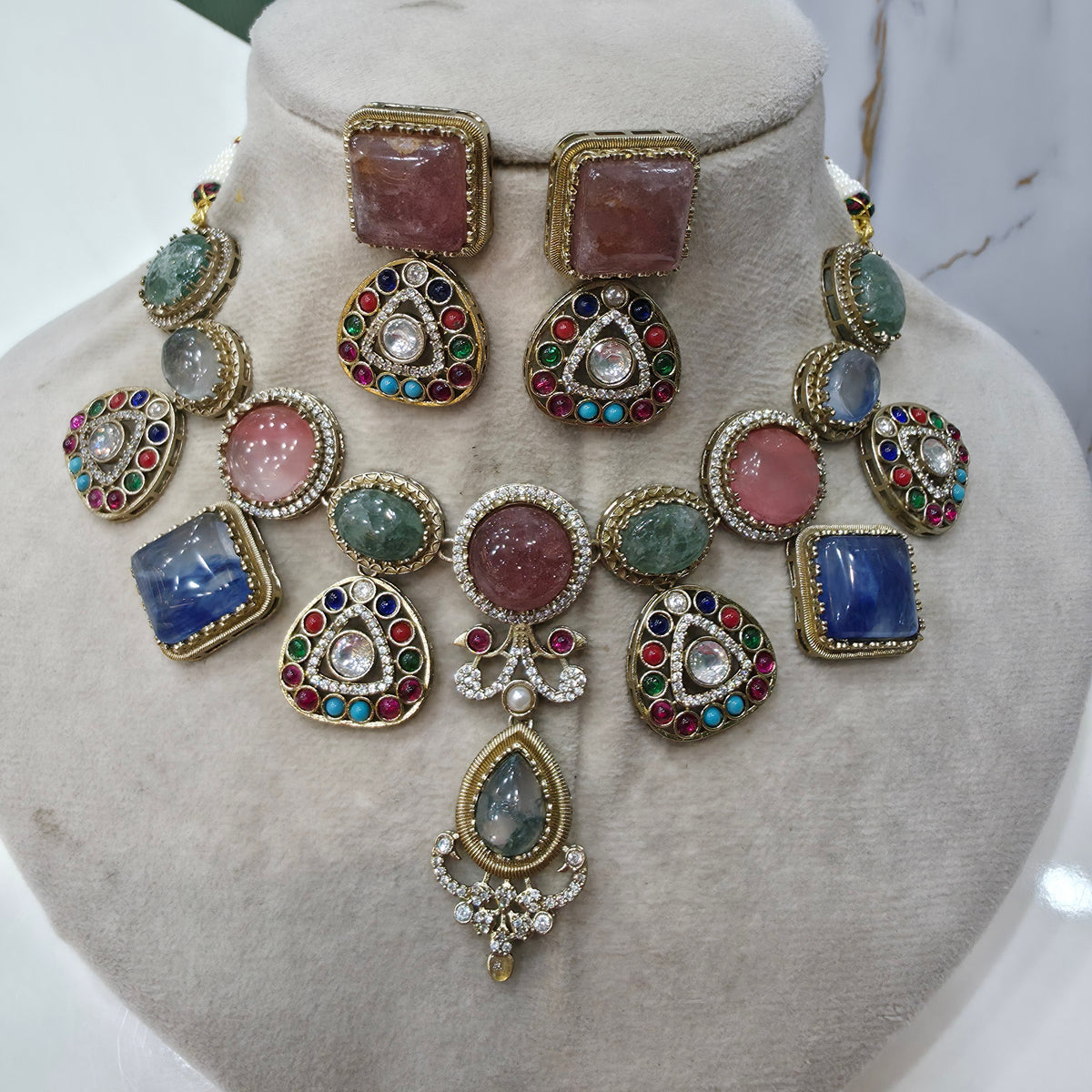 Juhi Sabya Inspired Natural Stone Necklace Set- Multi