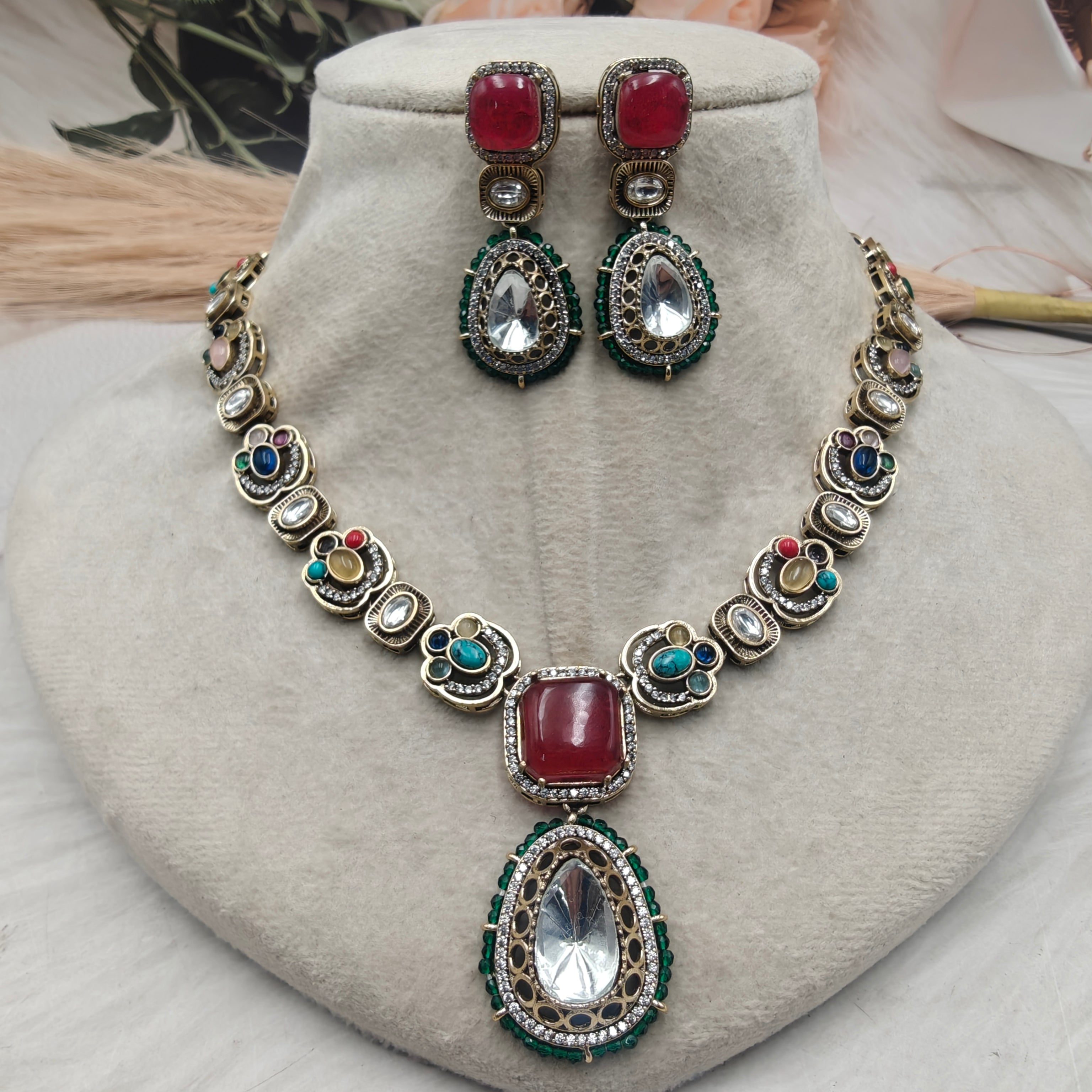 Rushali natural stone Necklace Set- Red Multi