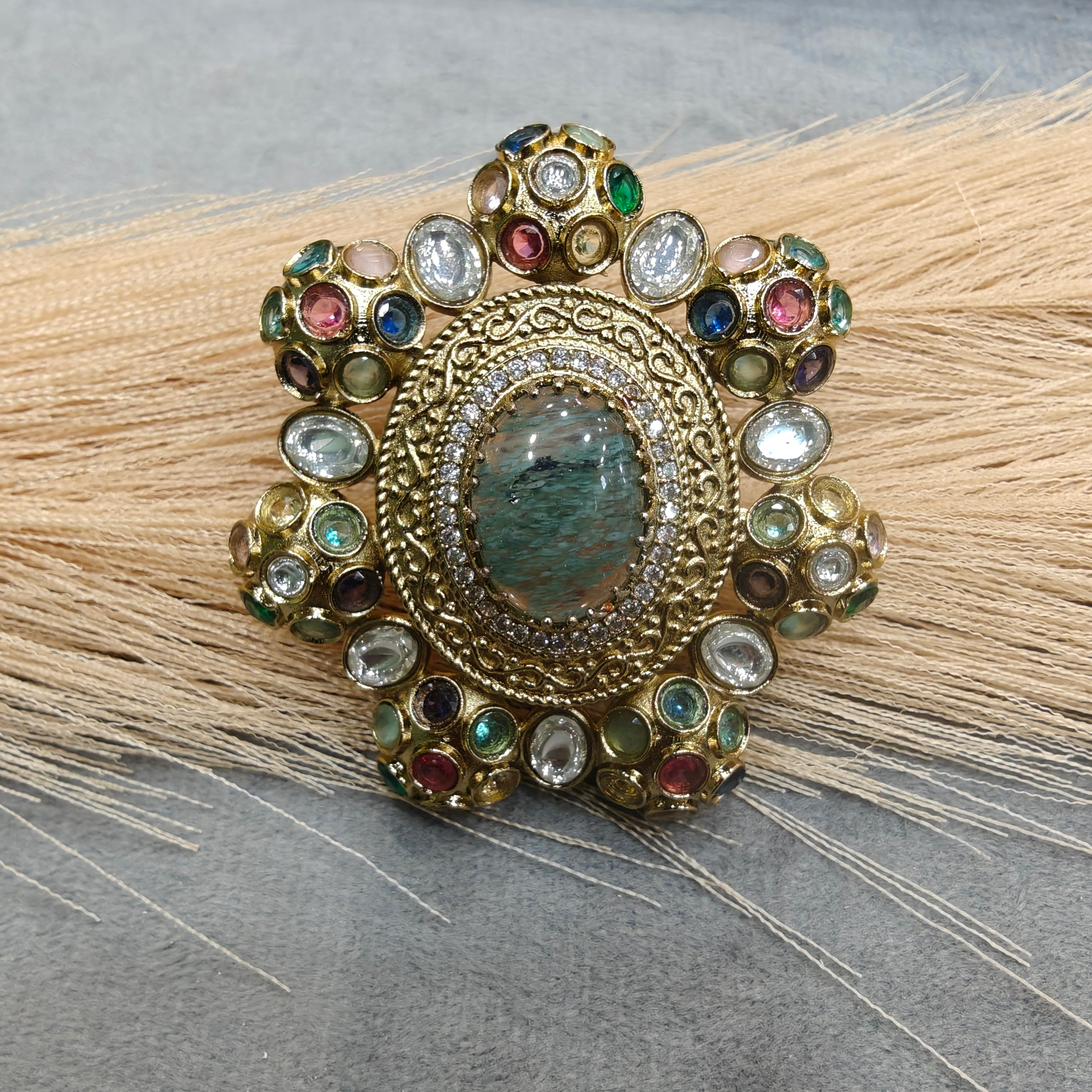 Sabyasachi Inspired Big Size Cocktail Adjustable Ring- Moss Green