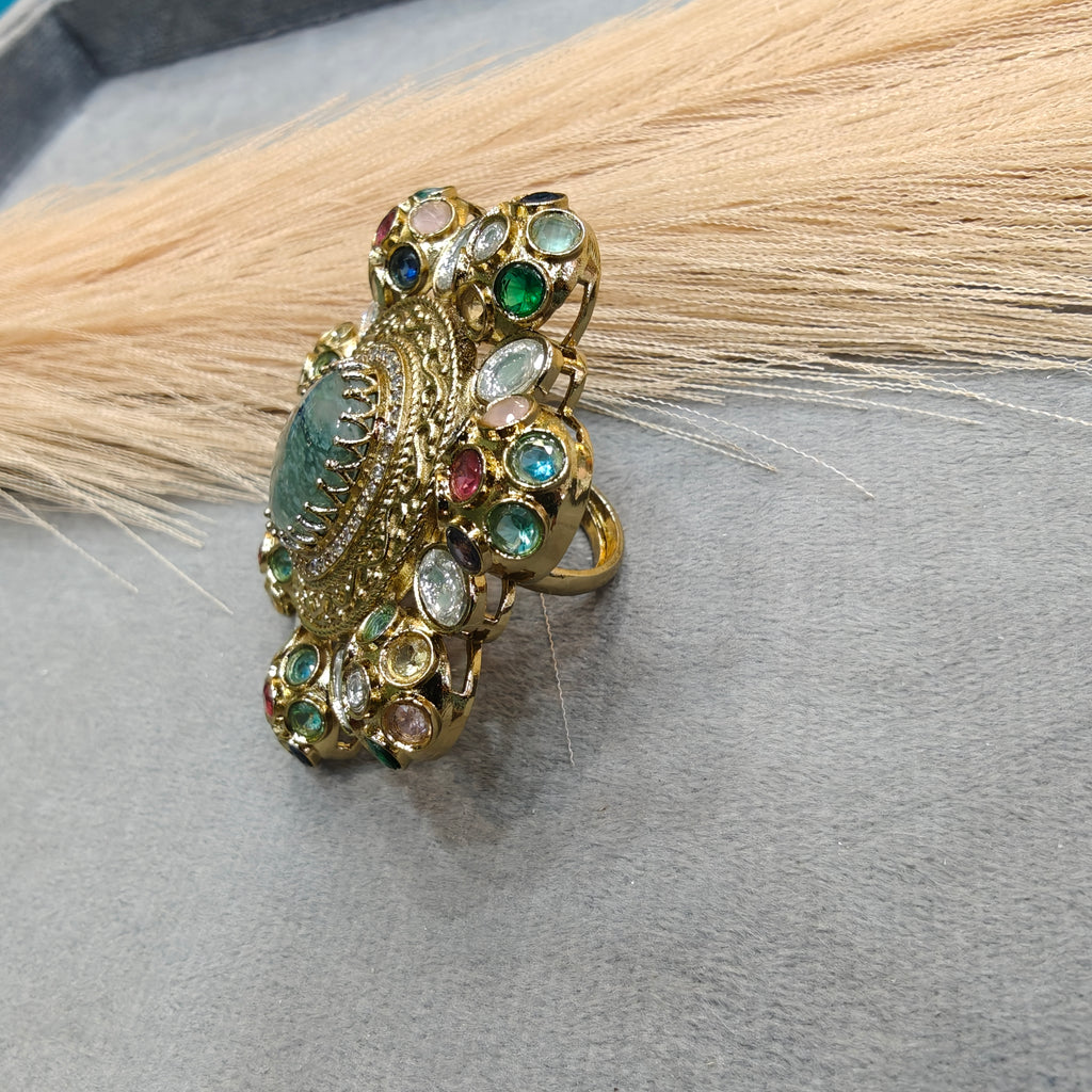 Sabyasachi Inspired Big Size Cocktail Adjustable Ring- Moss Green