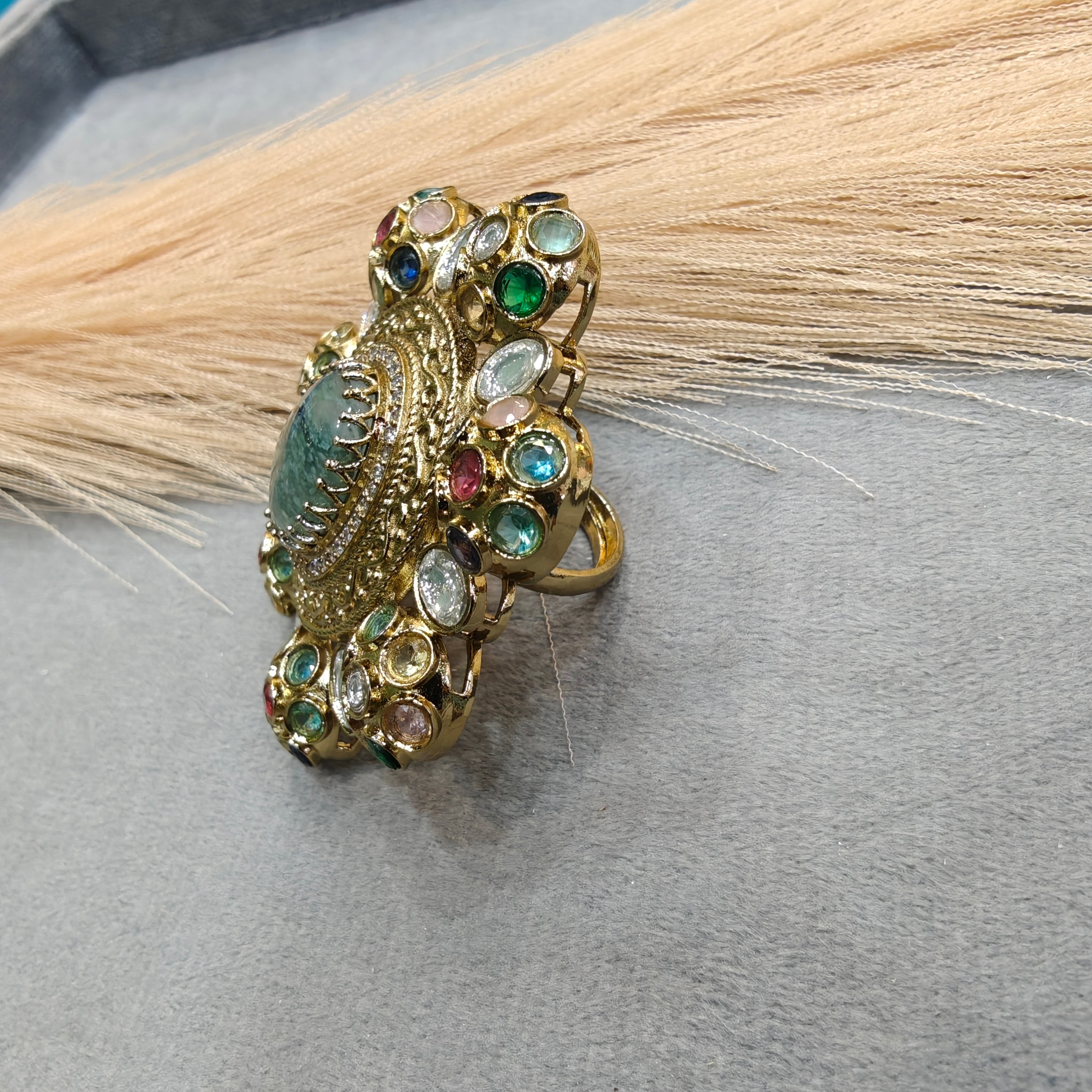 Sabyasachi Inspired Big Size Cocktail Adjustable Ring- Moss Green