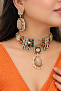 Alokika Sabya Inspired Pearl and Natural Stone Necklace Set- Fawn Multi