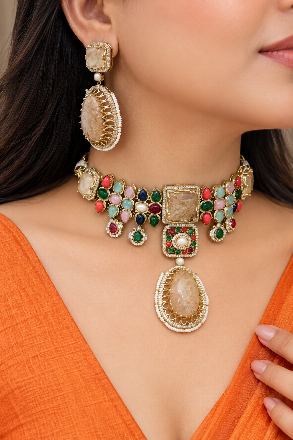 Alokika Sabya Inspired Pearl and Natural Stone Necklace Set- Fawn Multi