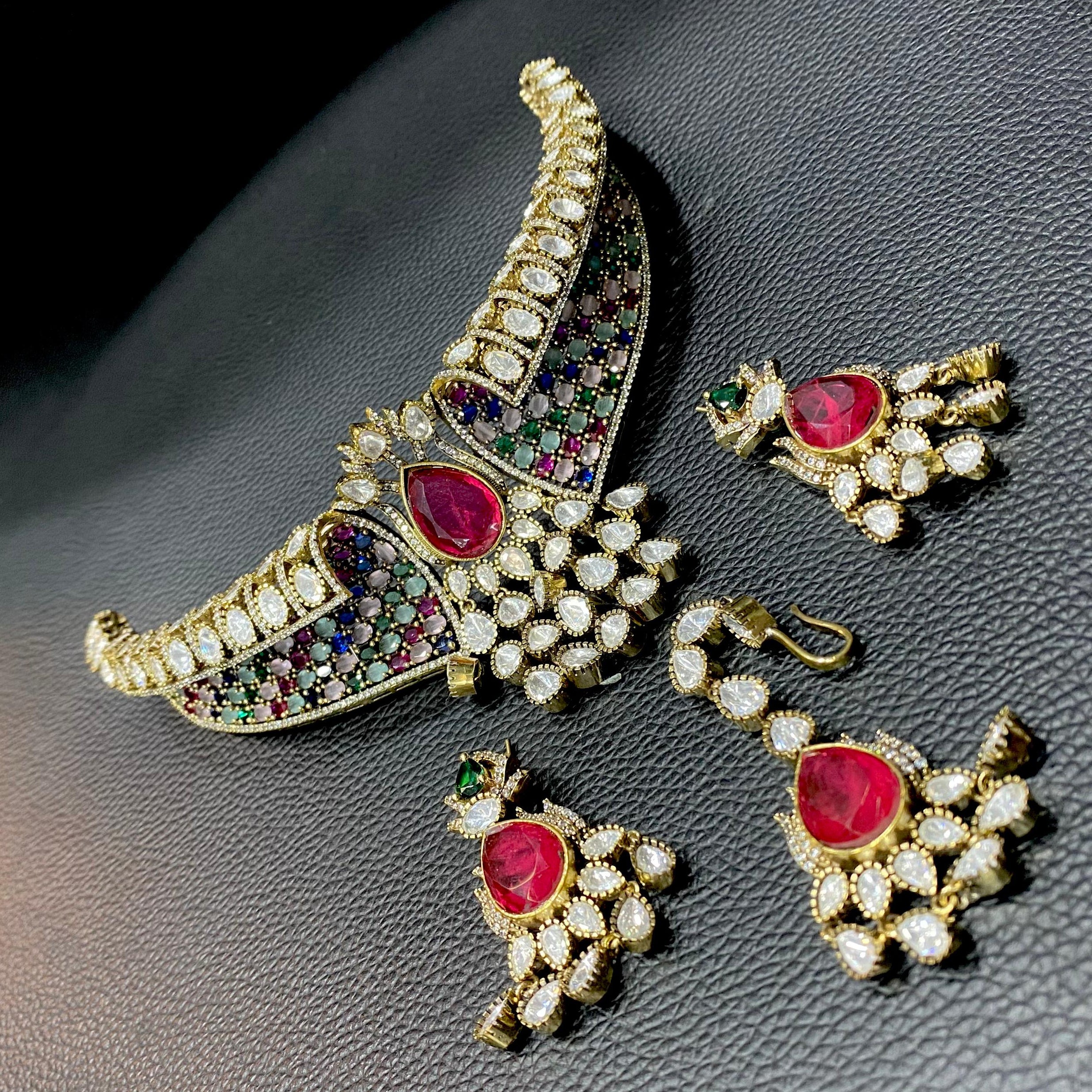 Achla Moissanite Hasli Style Necklace (Victorian Finish) - Multi