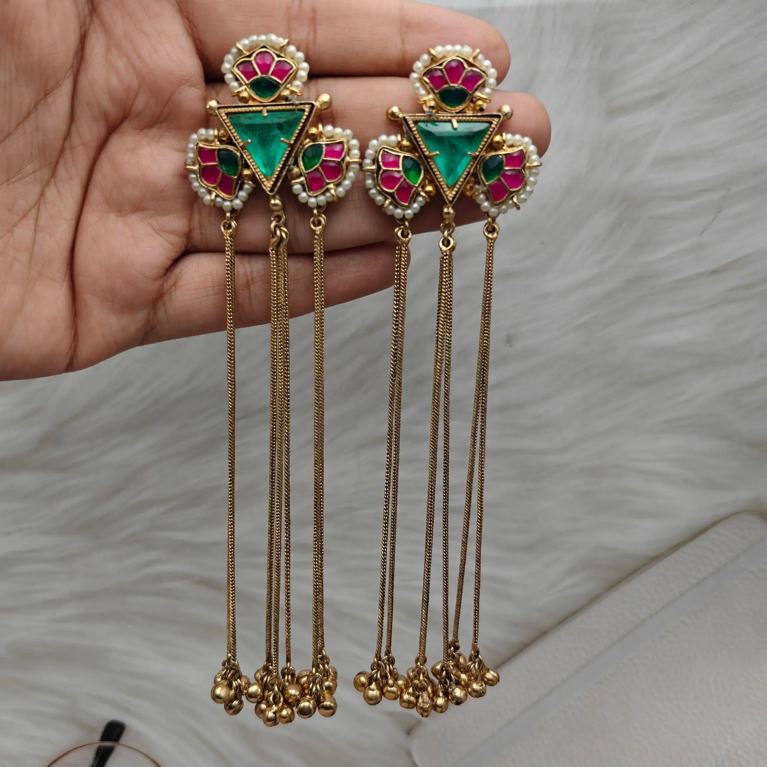 Farida Doublet and pachi Kundan Kashmiri Earrings - Mint Green and Ruby