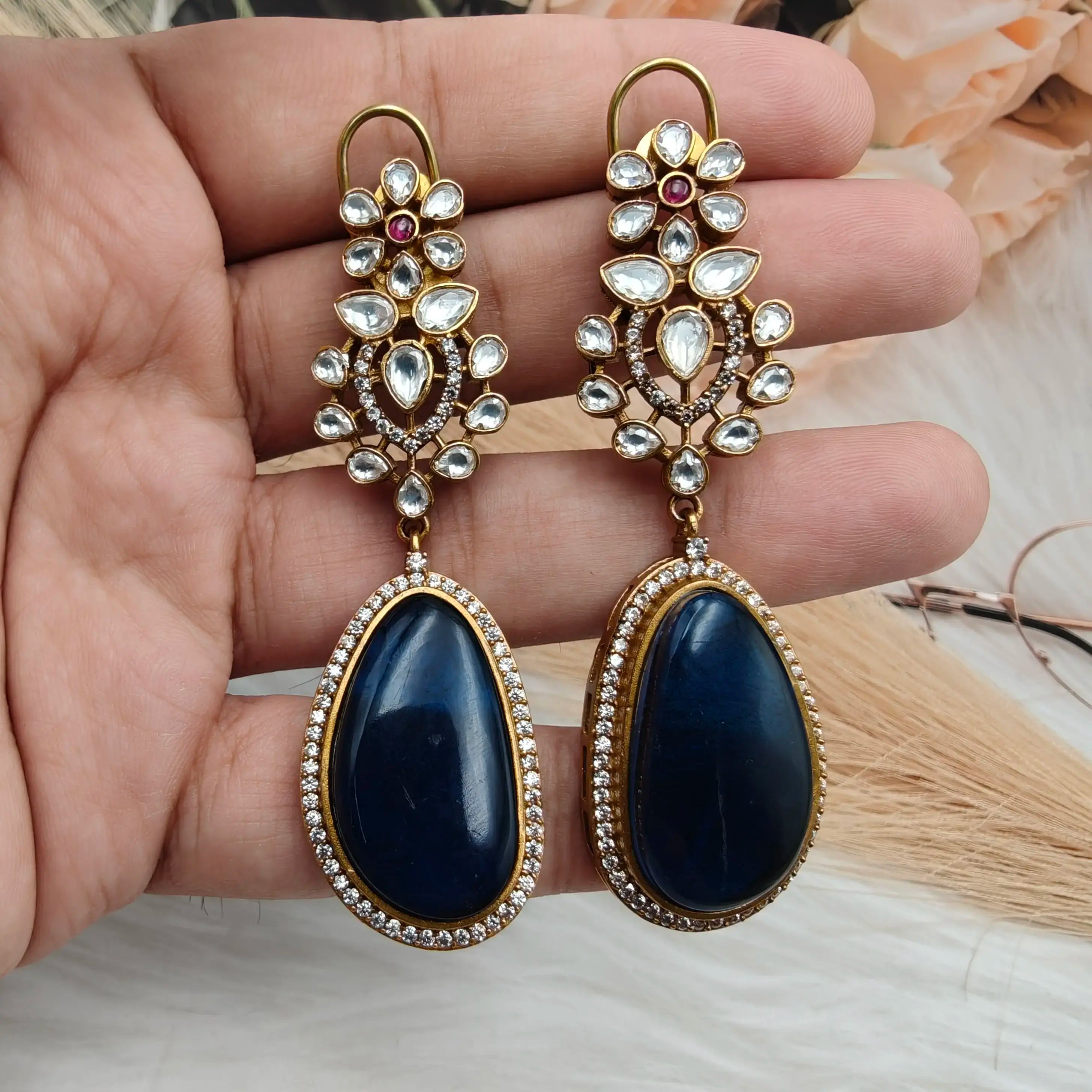 Atreyi Uncut Polki and Doublet Earrings - Blue