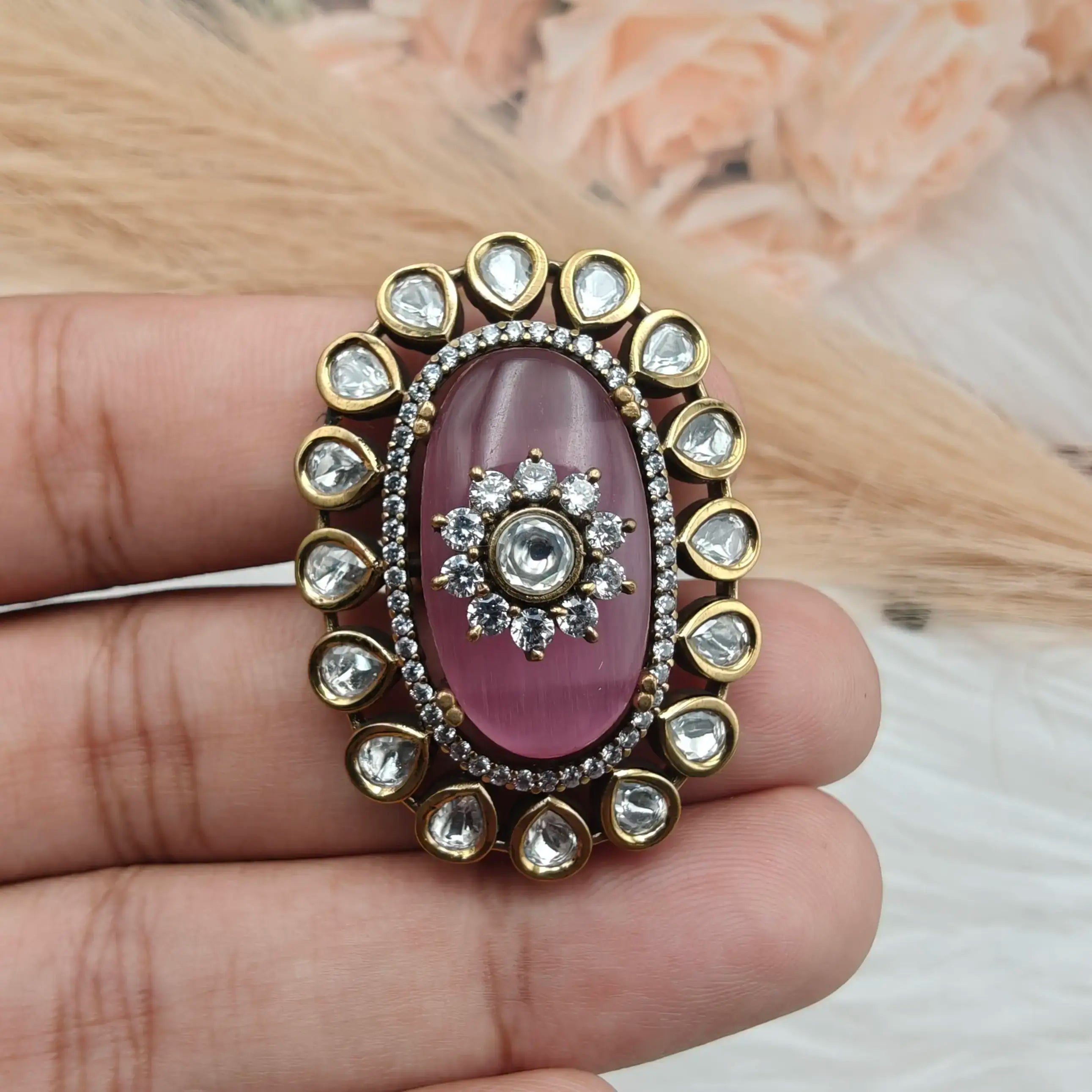 Shafa Uncut Polki Adjustable Ring - Pink
