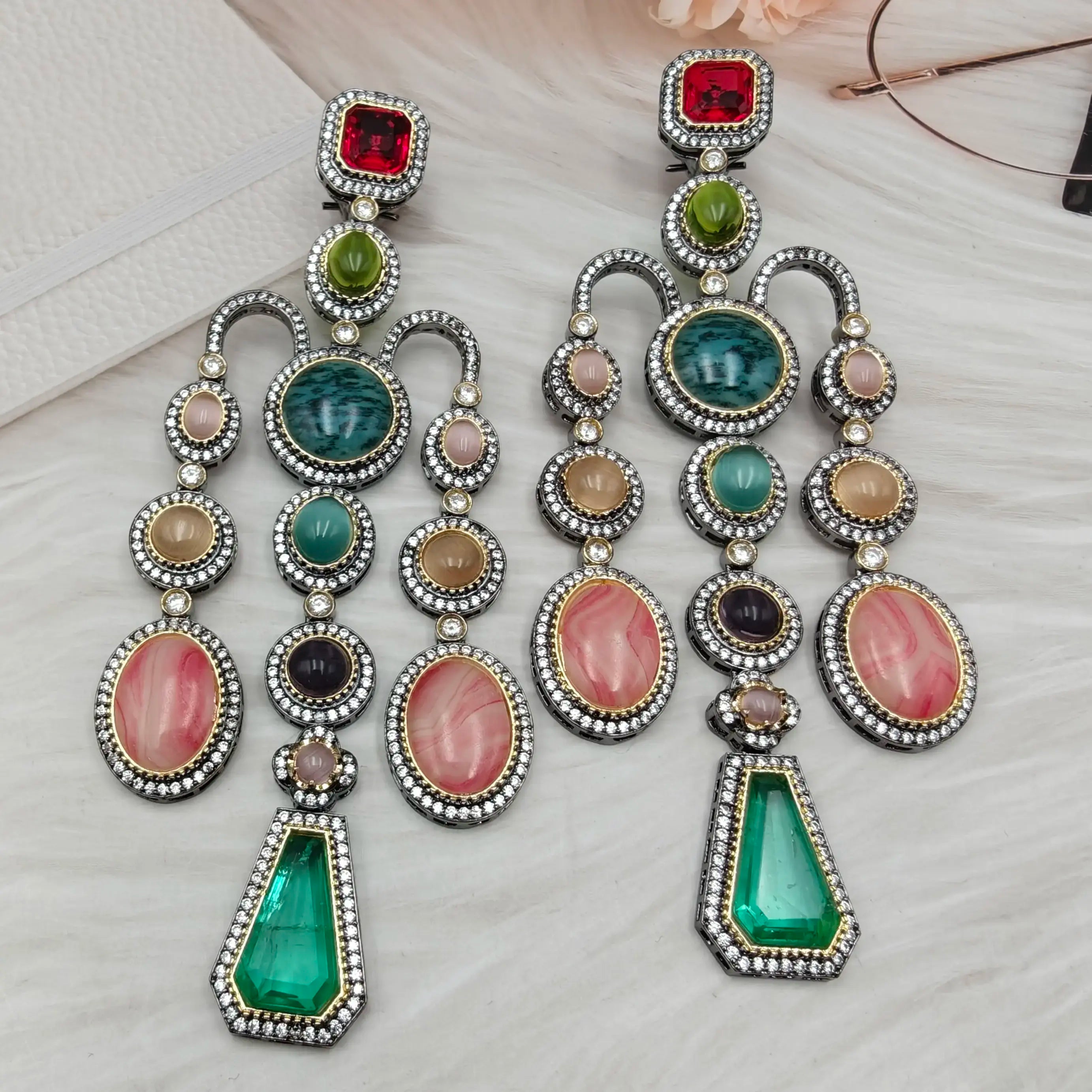 Ayesha Sabya Inspired Danglers- Green Multi