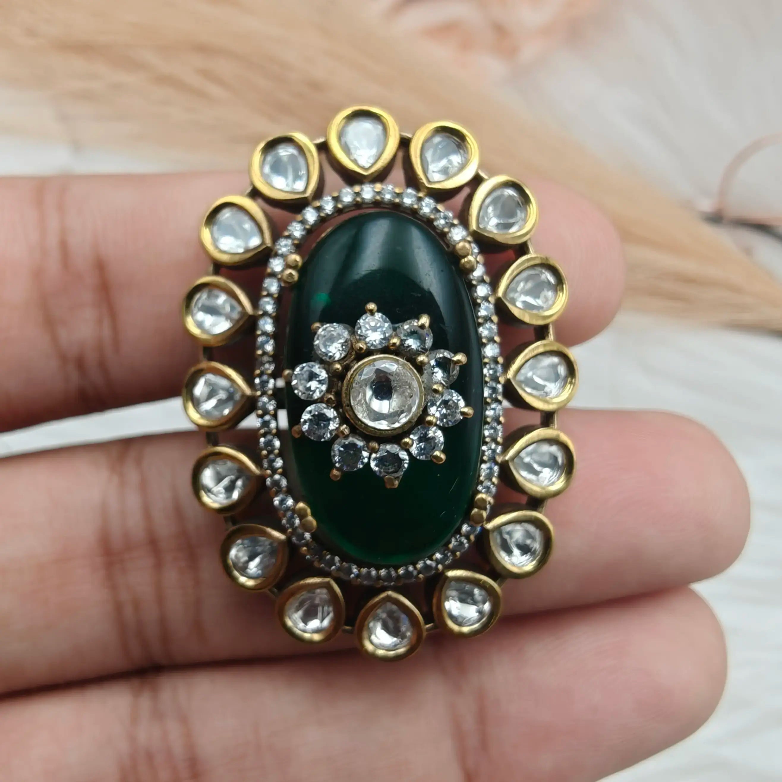 Shafa Uncut Polki Moissanite Ring- Green