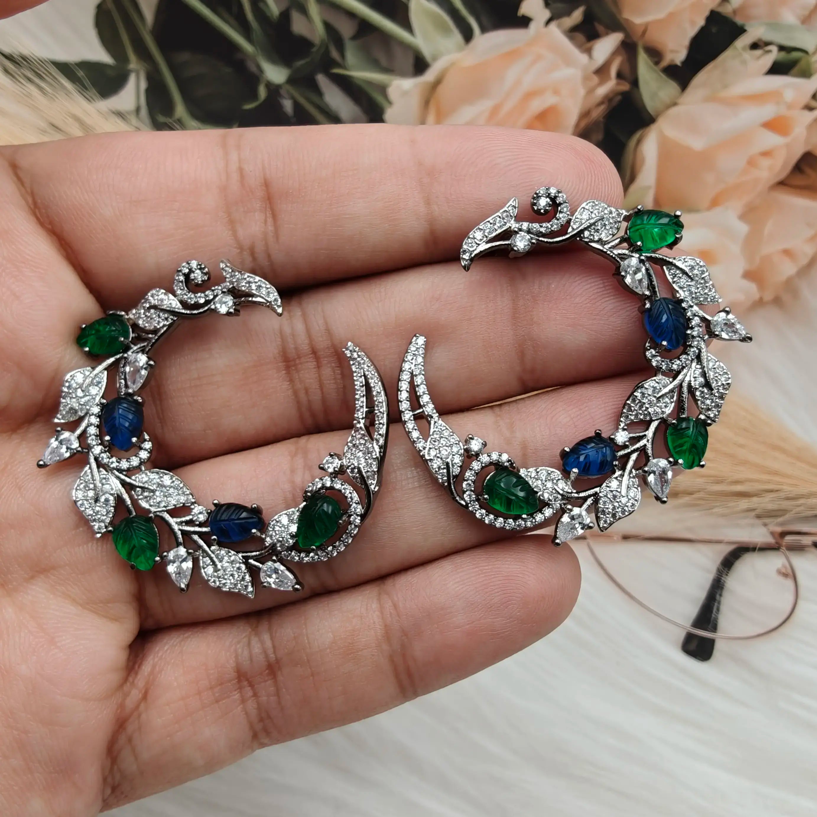 Saina Flora Cresent shape Hoops - Blue n Green