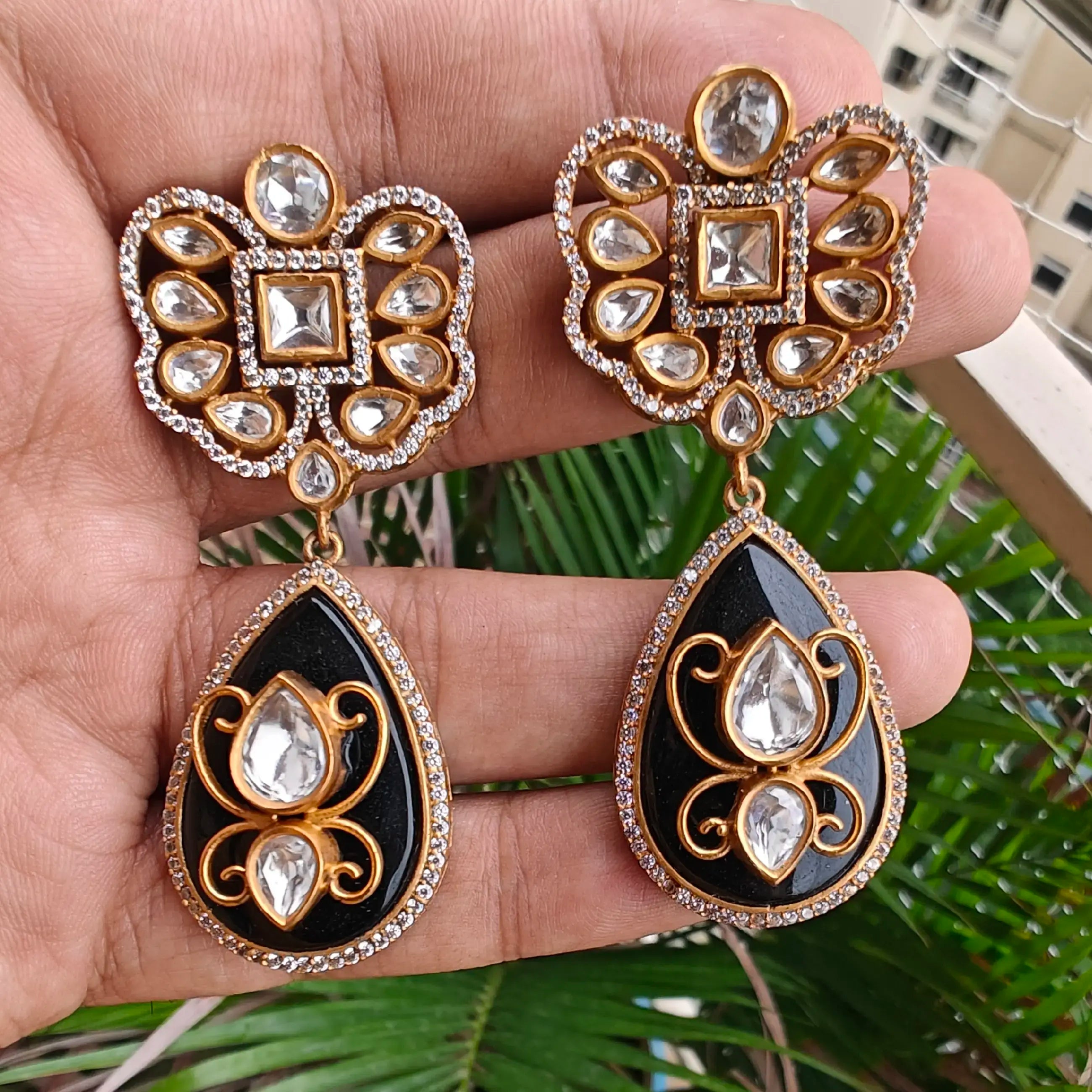 Kasak Uncut Polki Statement Earrings - Black