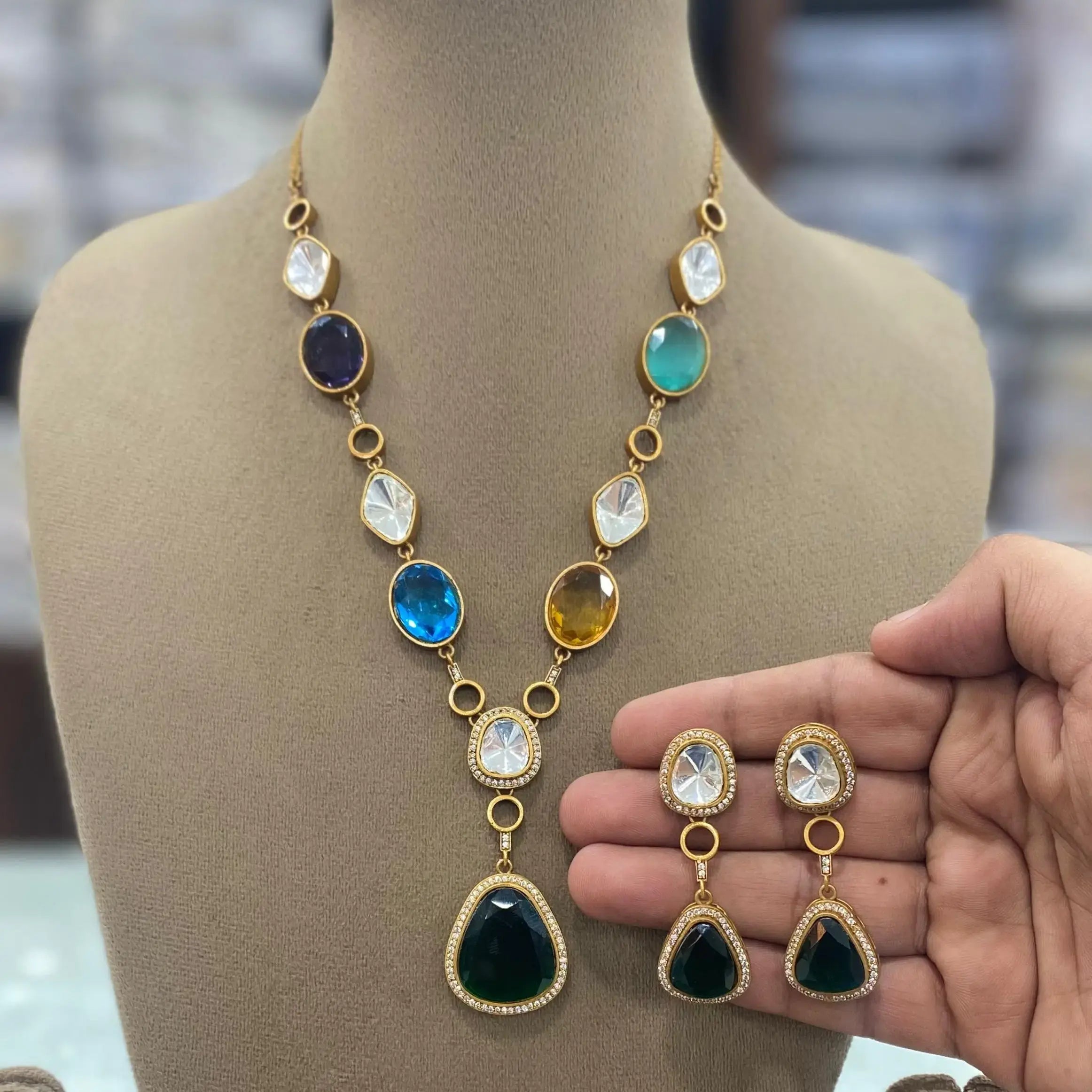 Shelly Uncut Polki Necklace Set - Multi