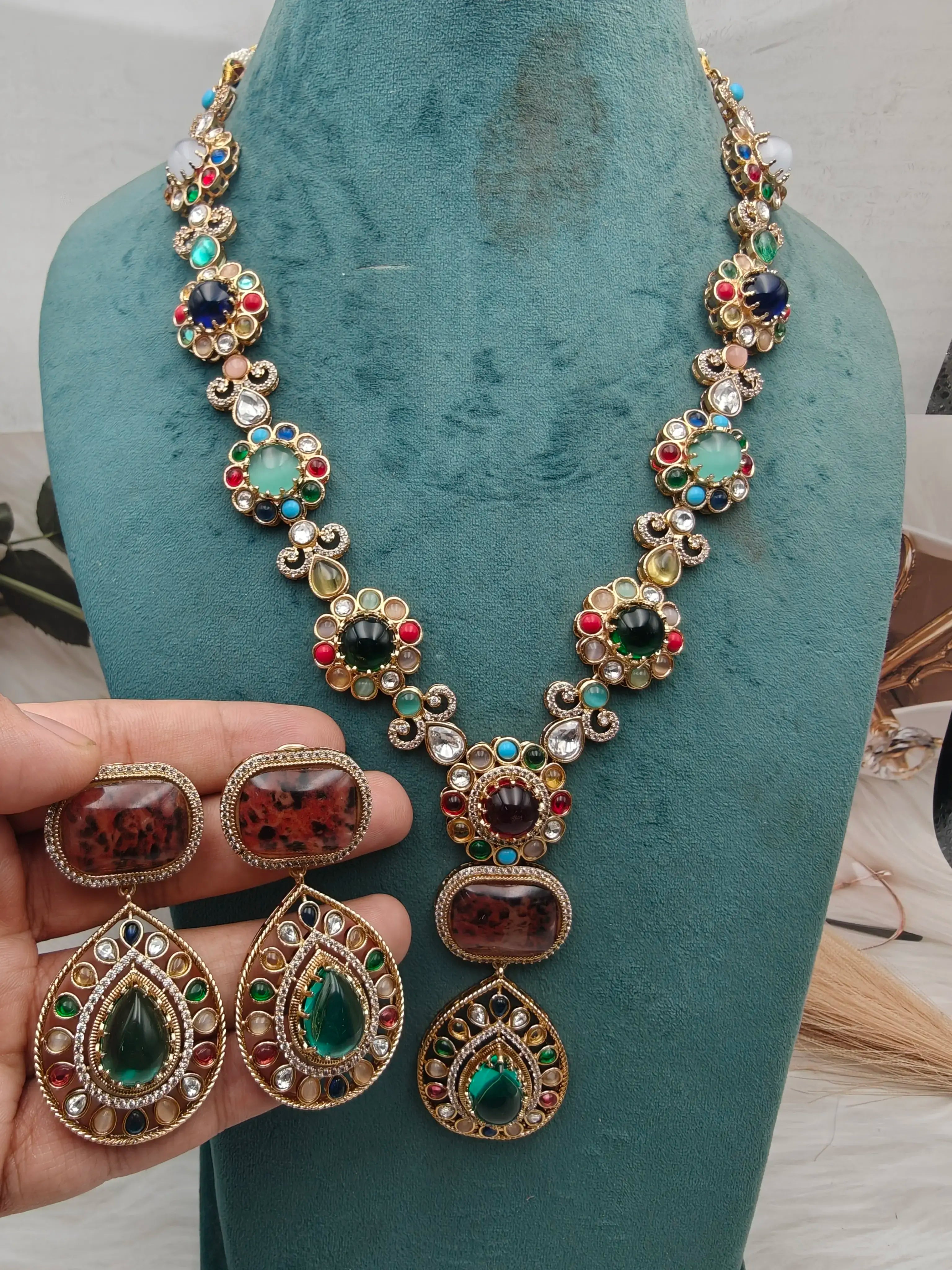 Rivaaz Sabya Inspired Natural Stones Long Necklace Set