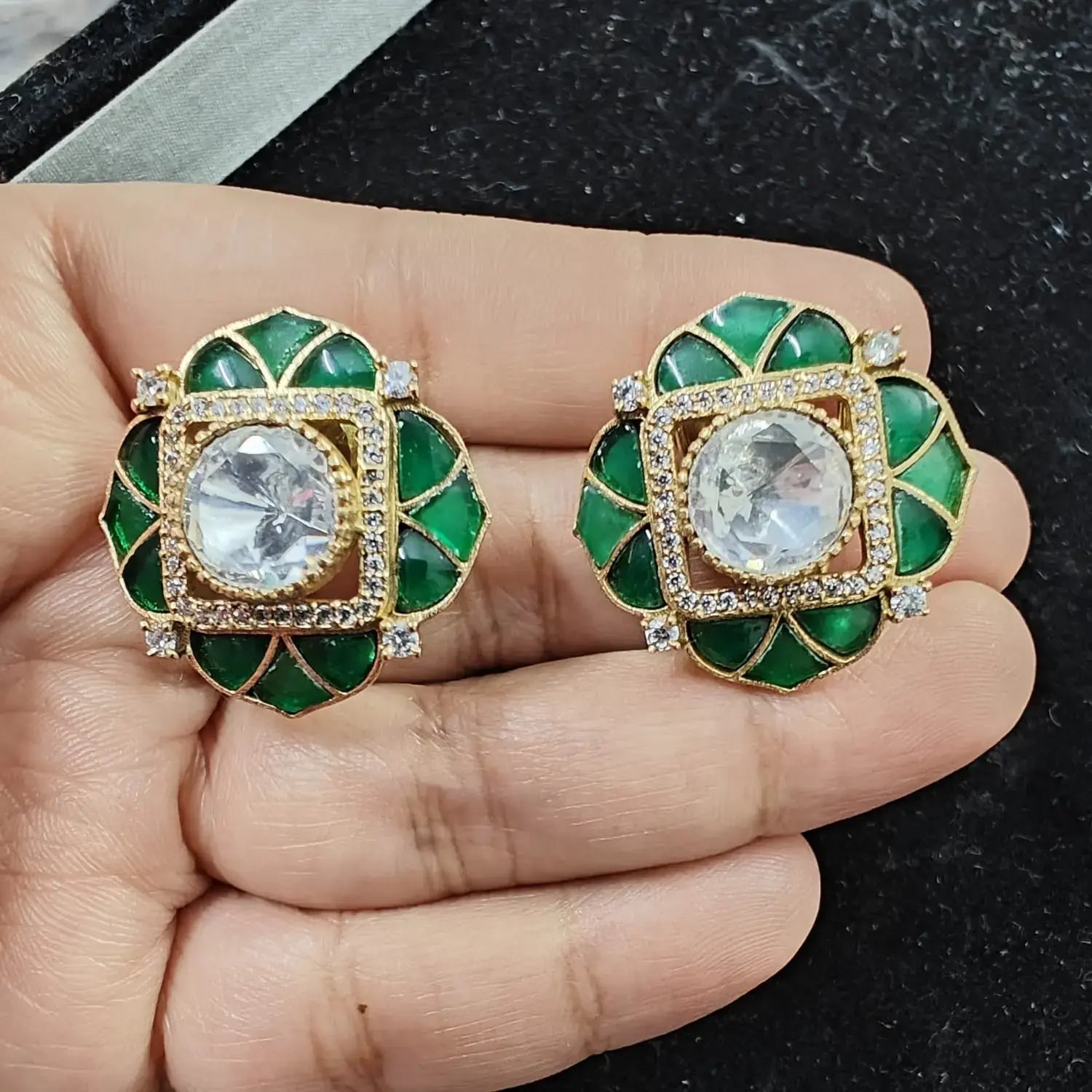 Moissanite And Talpe Stone Studs- Green