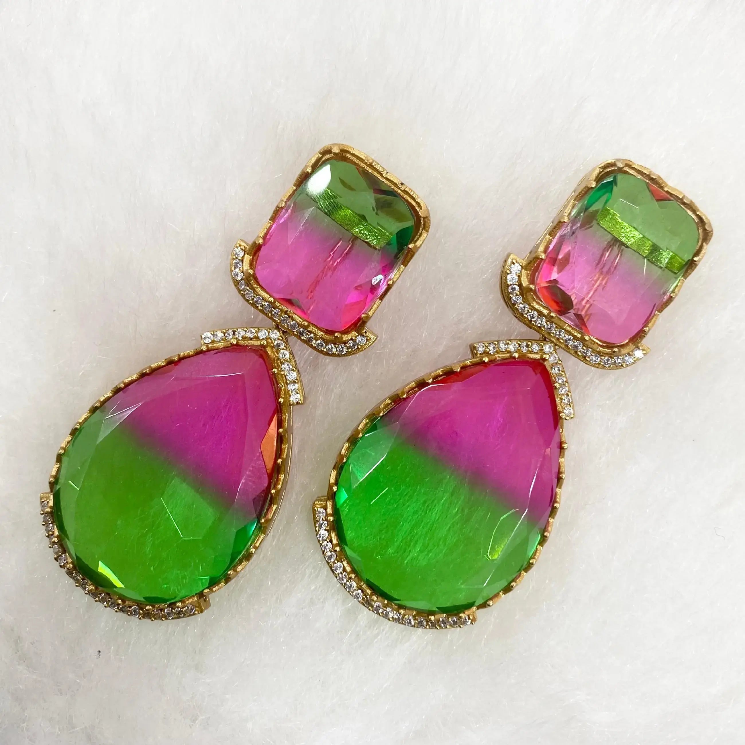 Tourmaline Bio Stone Statement Earrings - Green And Pink