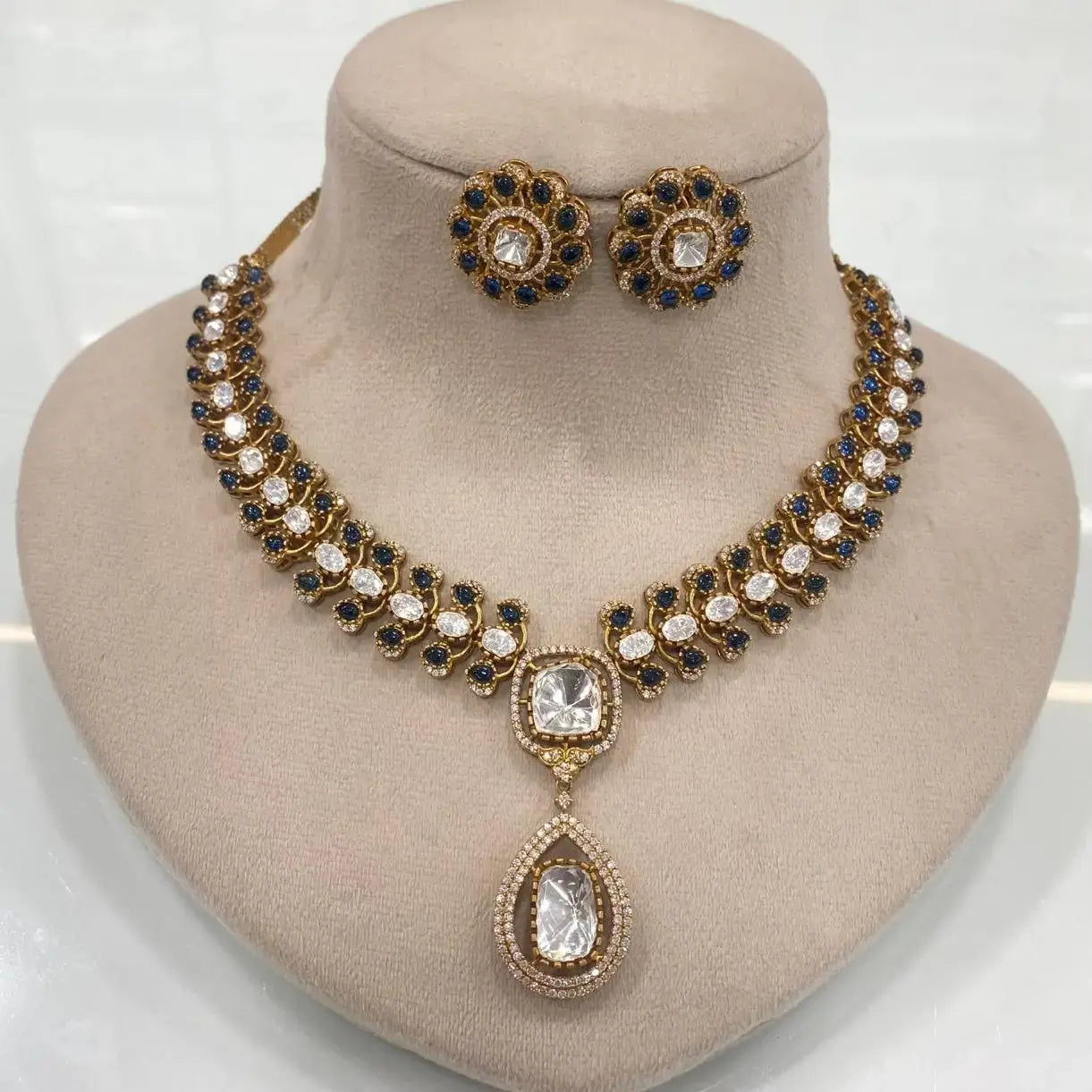 Masaba Uncut Moissanite Polki Necklace Set - Blue