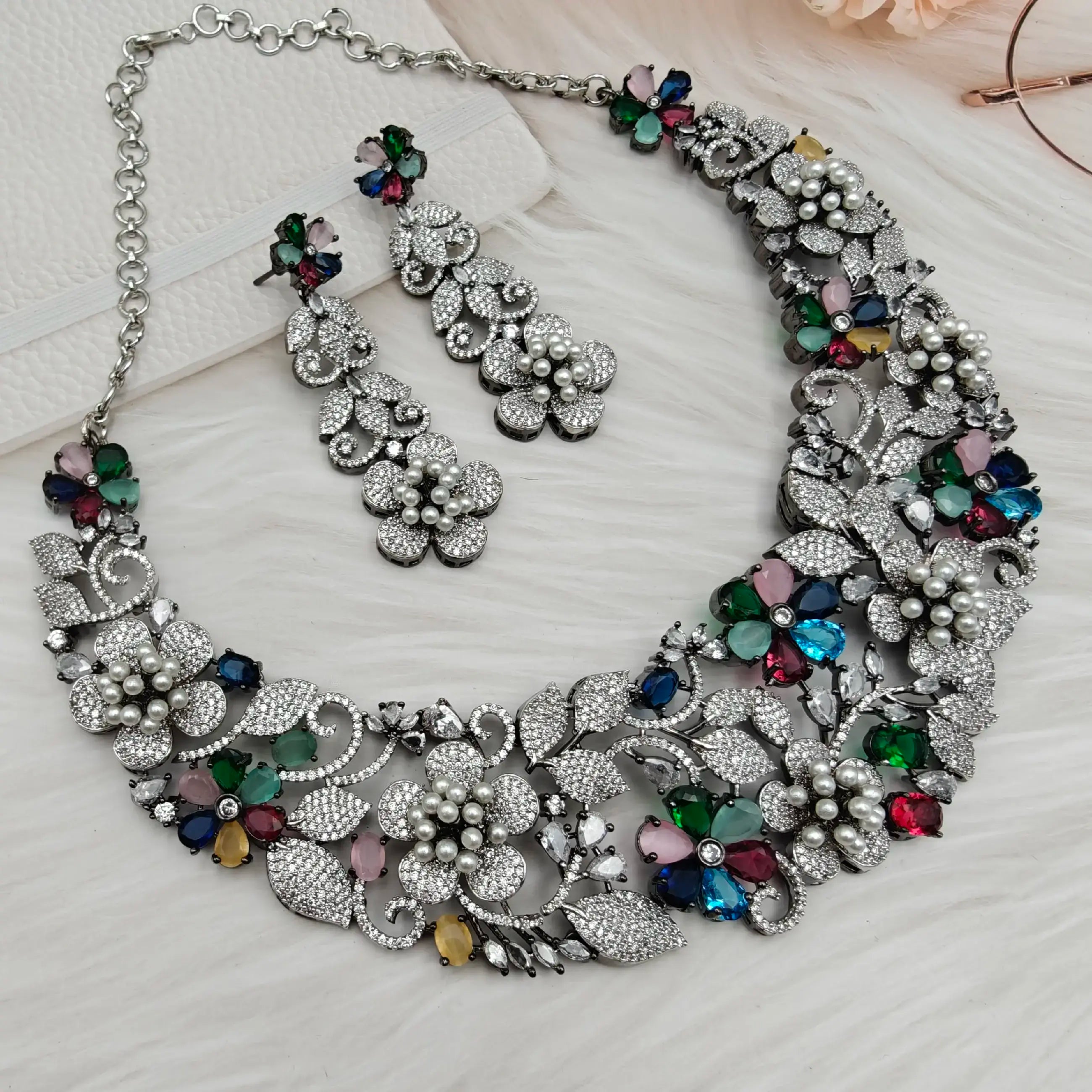 Naksha Premium Pearl And Zirconia Necklace Set - Multi